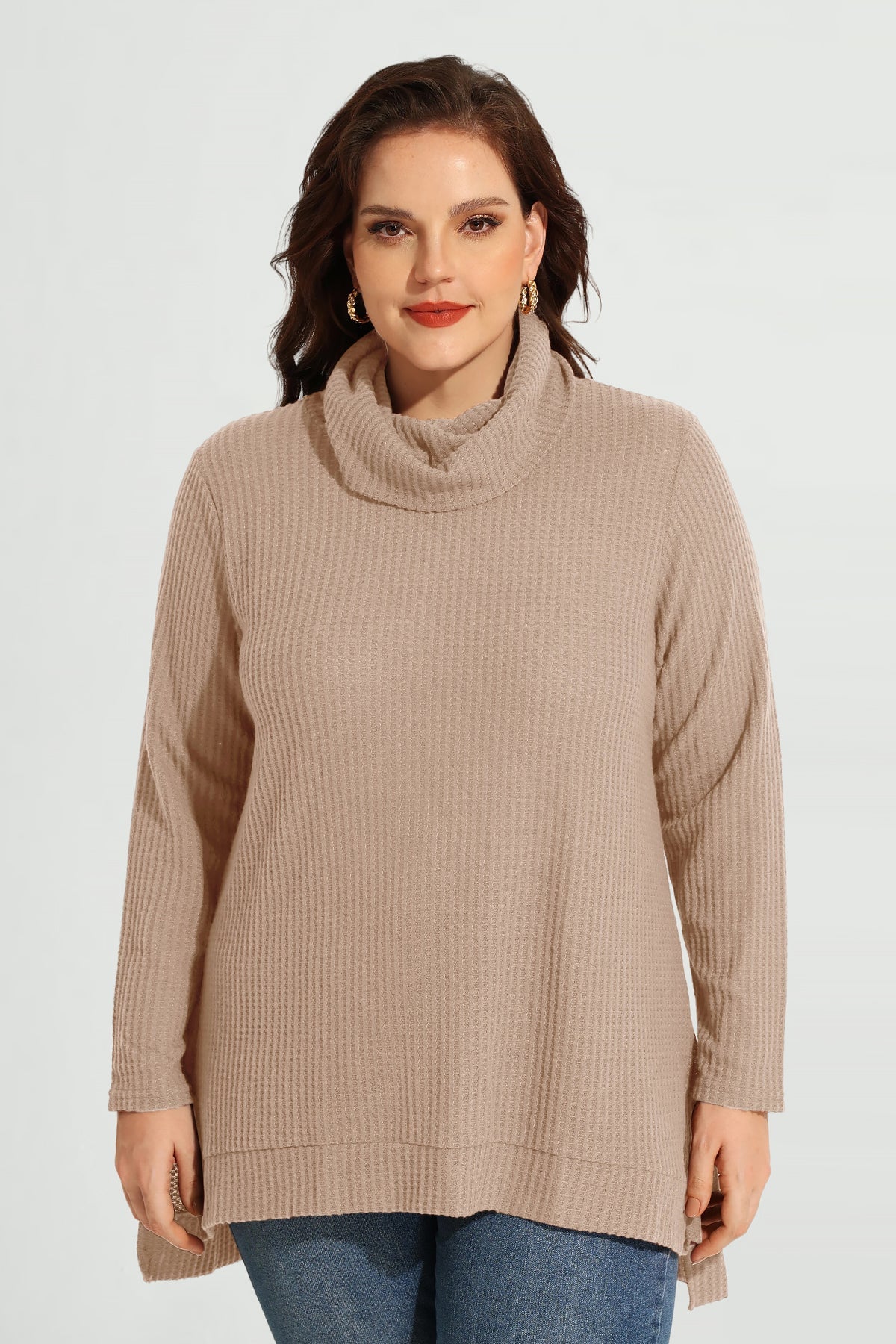 Cowl Neck Split Hem Long Sleeve Tunic Shirt