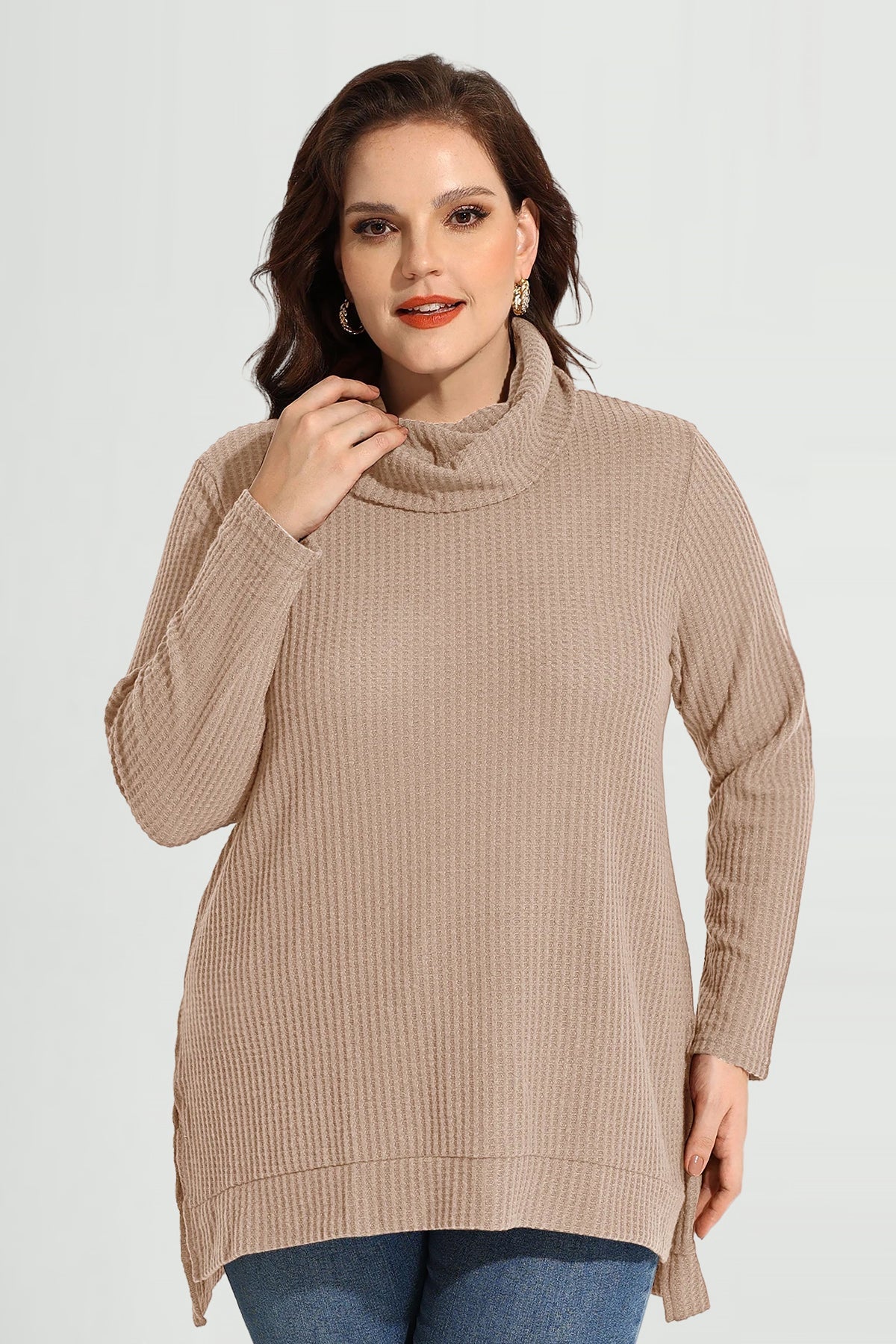 Cowl Neck Split Hem Long Sleeve Tunic Shirt