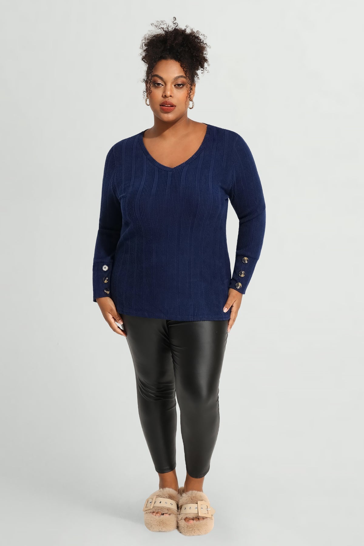 Plain Triple Button U-neckline Long Sleeve T-Shirt