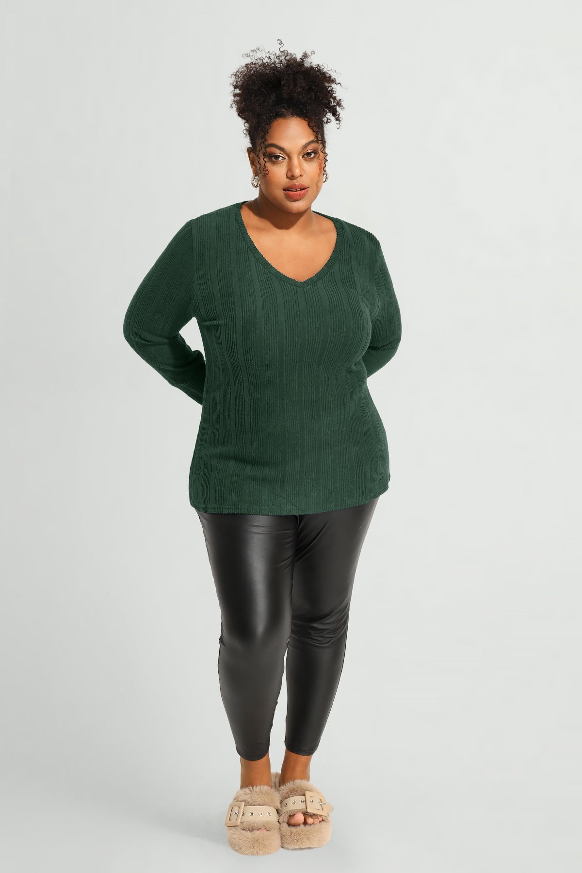 Plain Triple Button U-neckline Long Sleeve T-Shirt