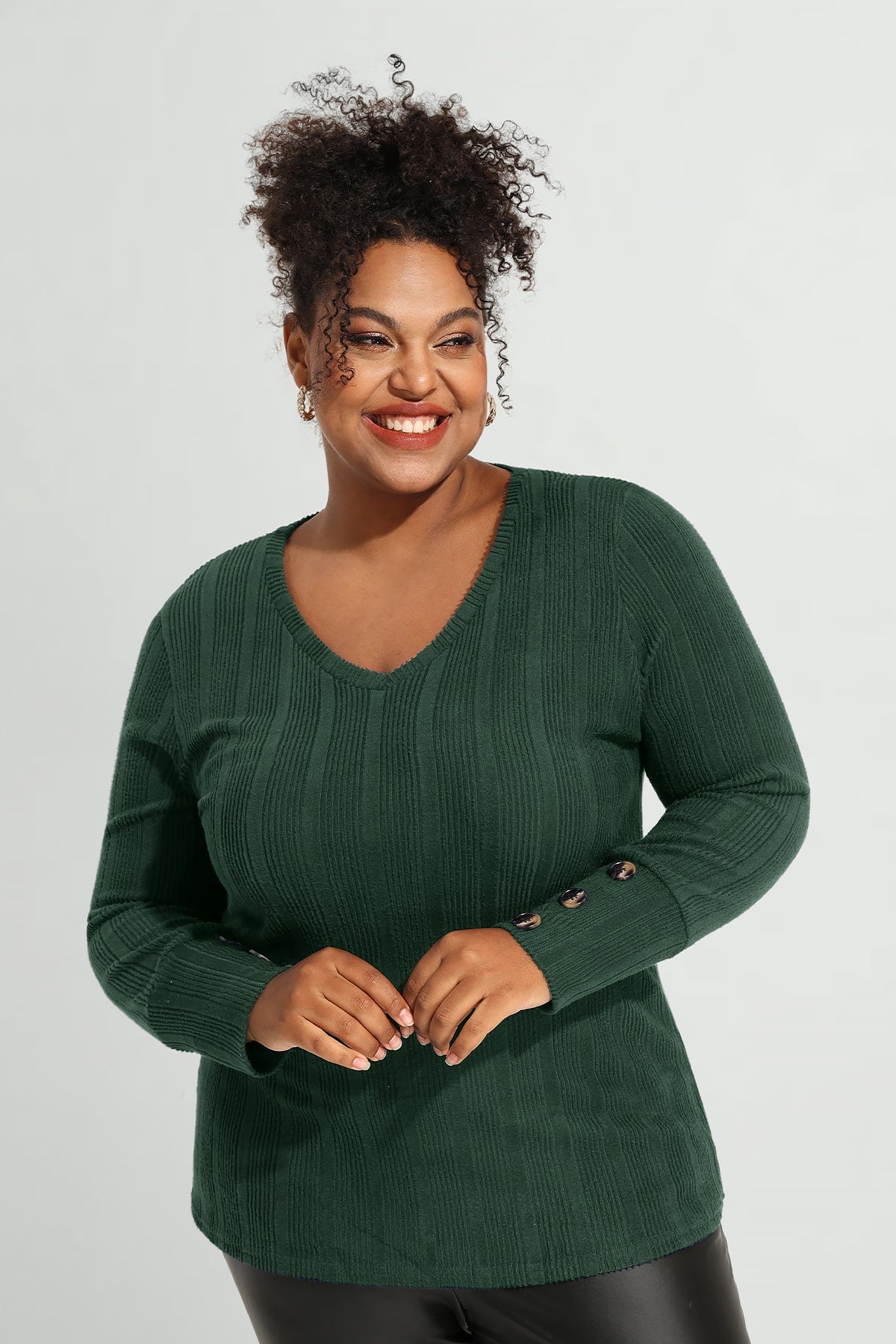 Plain Triple Button U-neckline Long Sleeve T-Shirt