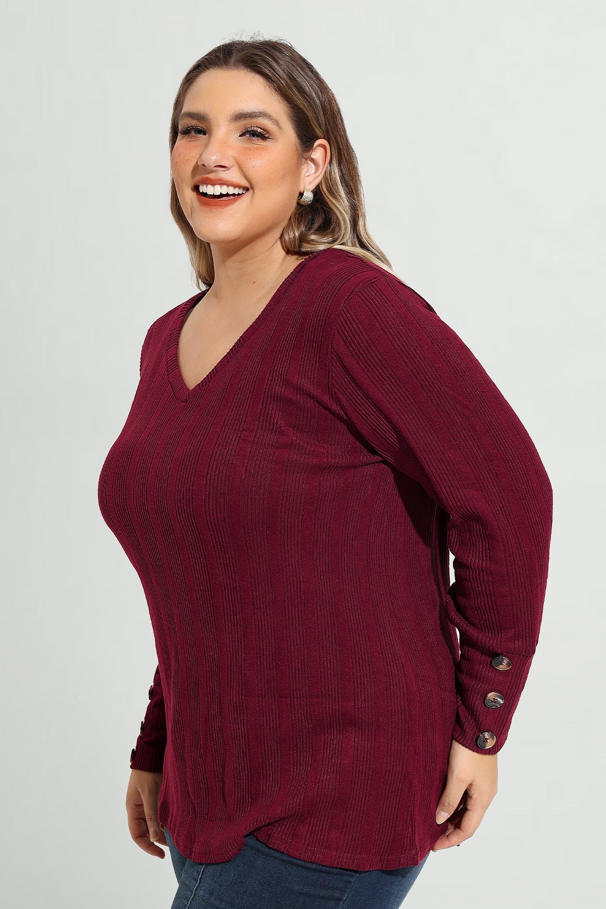 Plain Triple Button U-neckline Long Sleeve T-Shirt