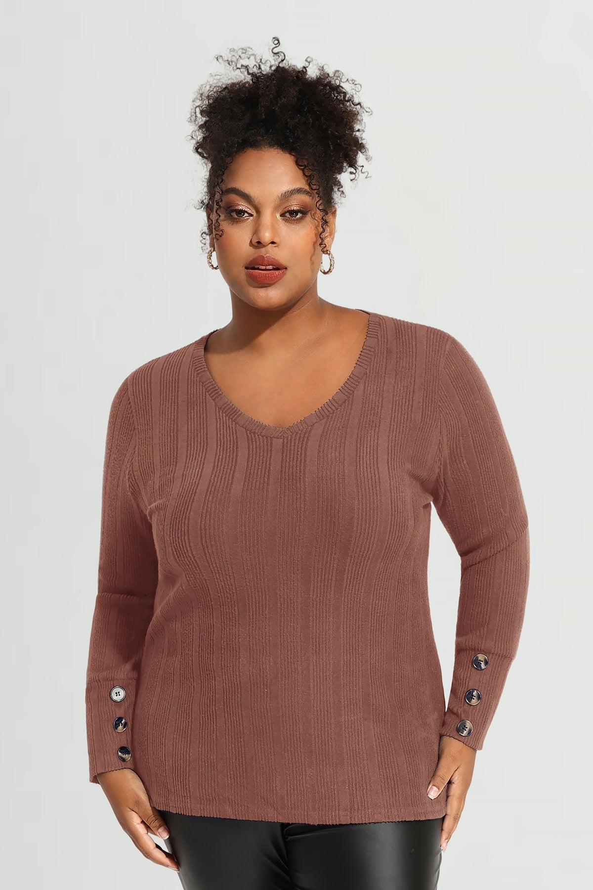Plain Triple Button U-neckline Long Sleeve T-Shirt