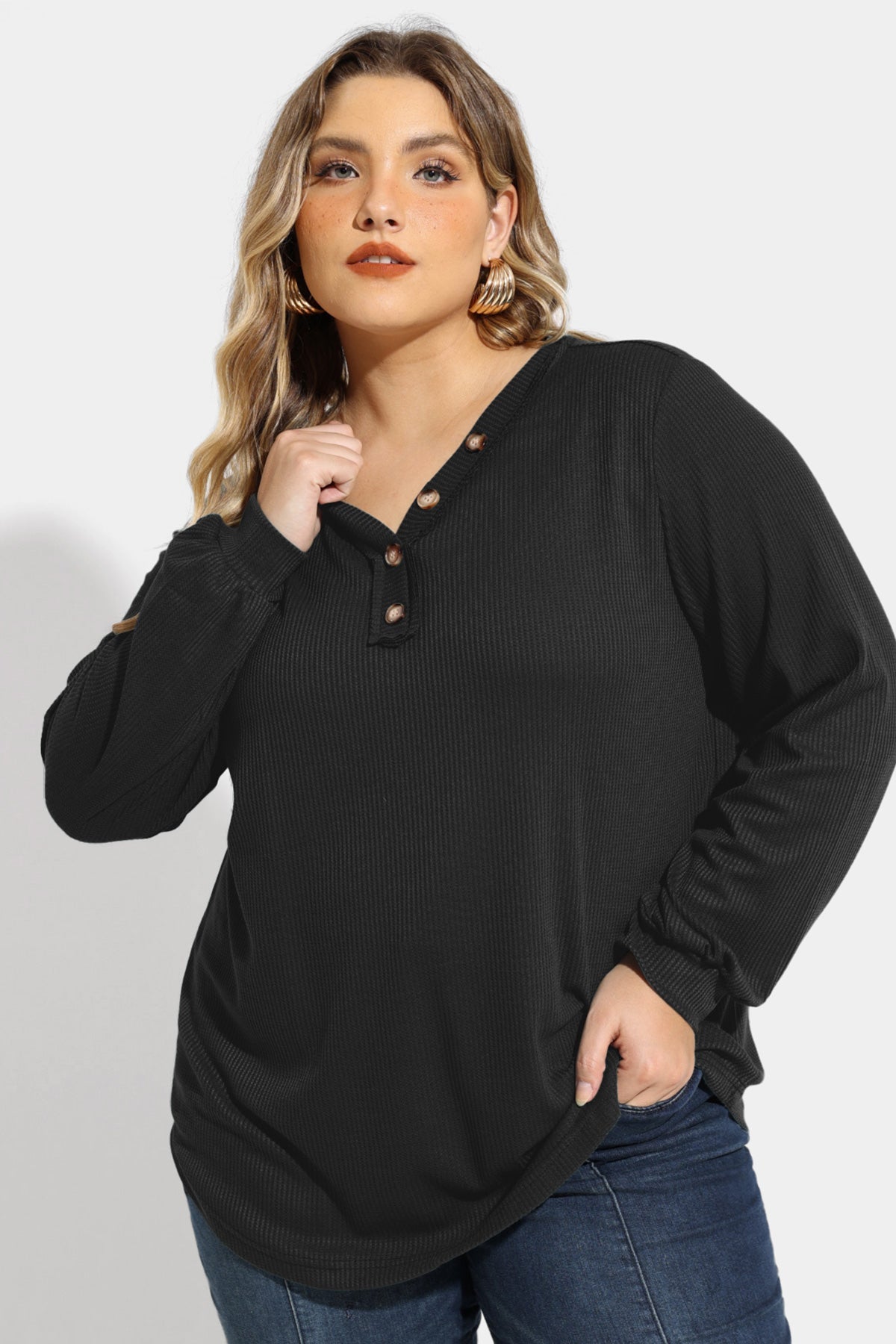 Solid Button Detail V Neck Long Sleeve T-Shirt