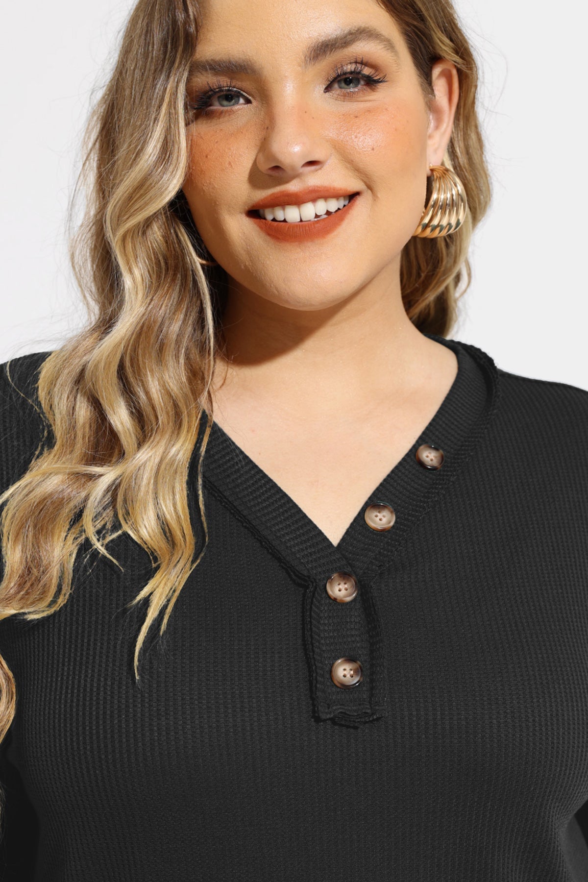 Solid Button Detail V Neck Long Sleeve T-Shirt