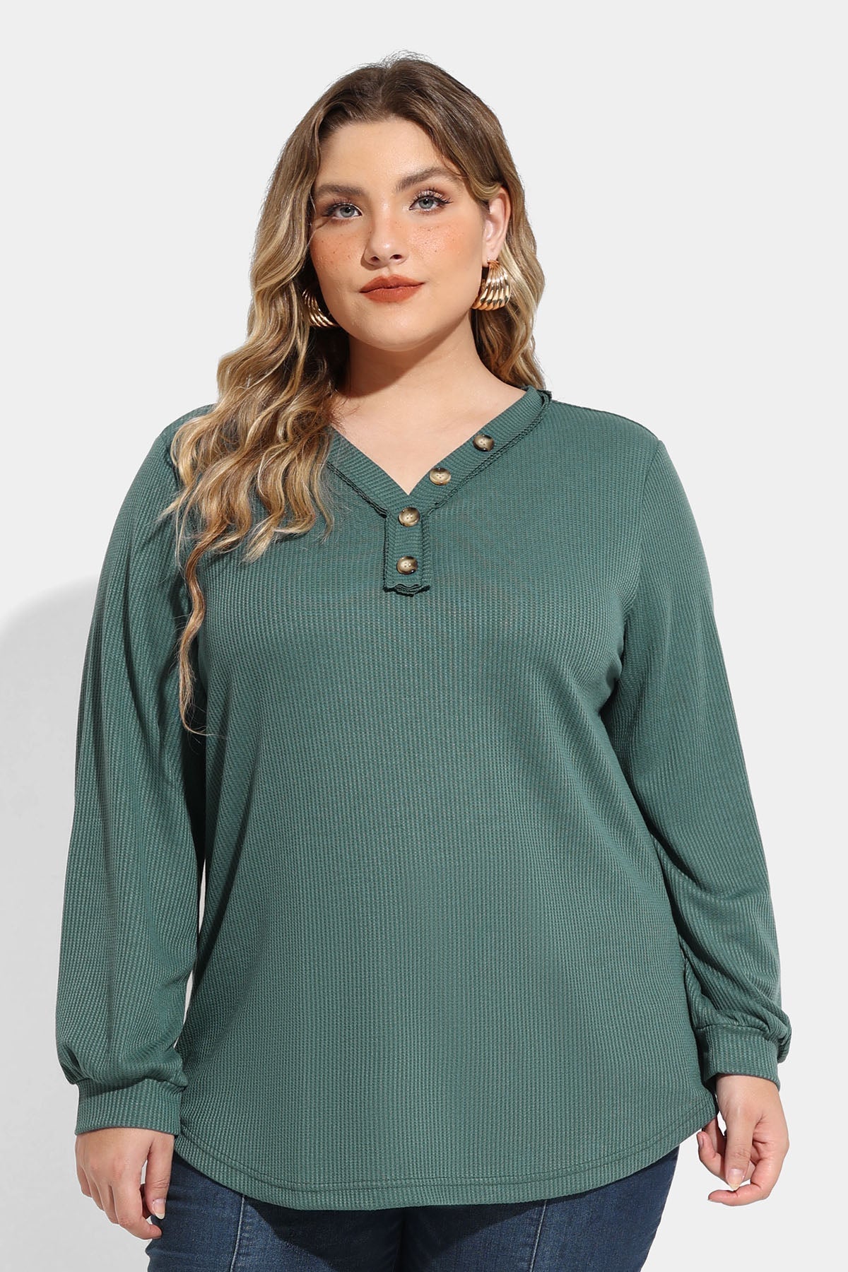 Solid Button Detail V Neck Long Sleeve T-Shirt
