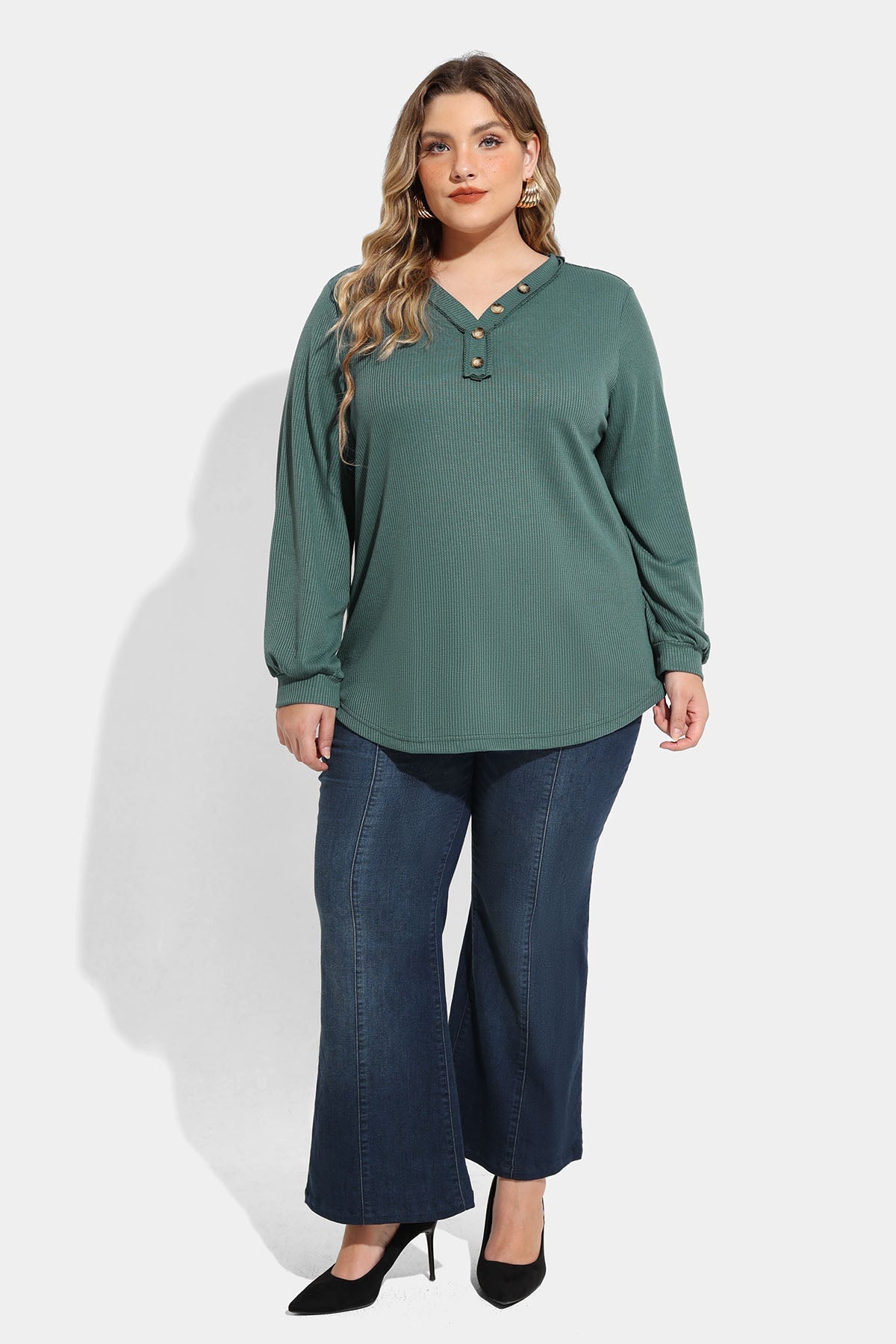 Solid Button Detail V Neck Long Sleeve T-Shirt