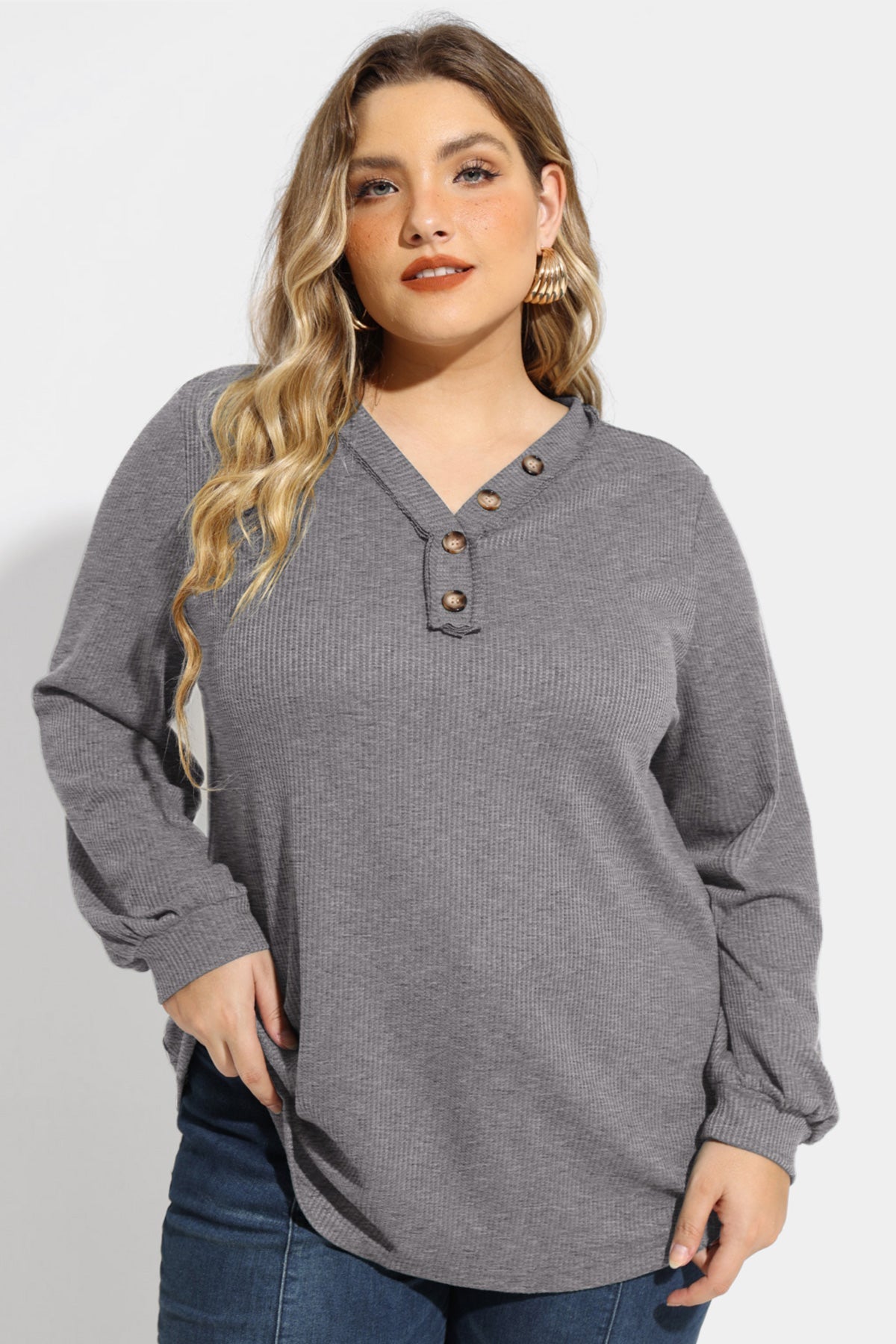 Solid Button Detail V Neck Long Sleeve T-Shirt