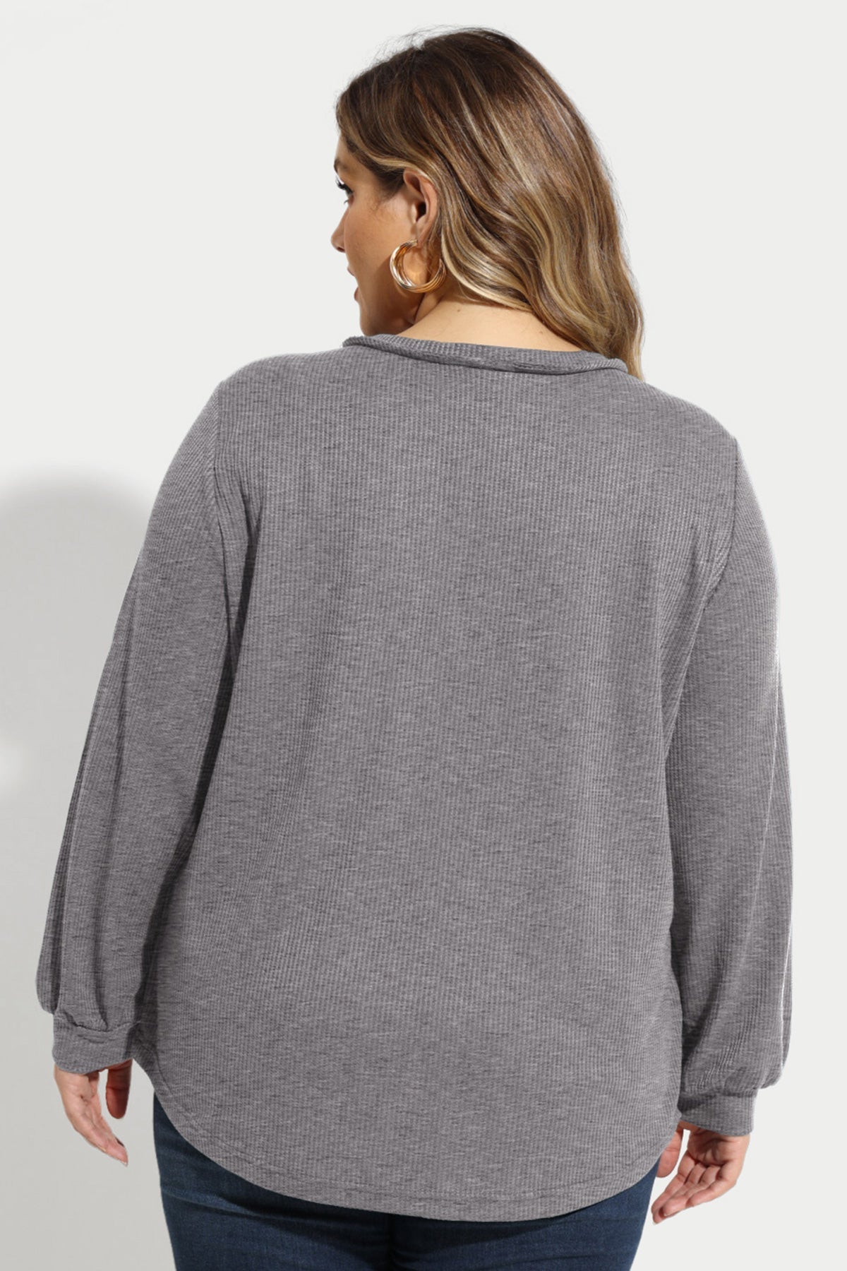 Solid Button Detail V Neck Long Sleeve T-Shirt