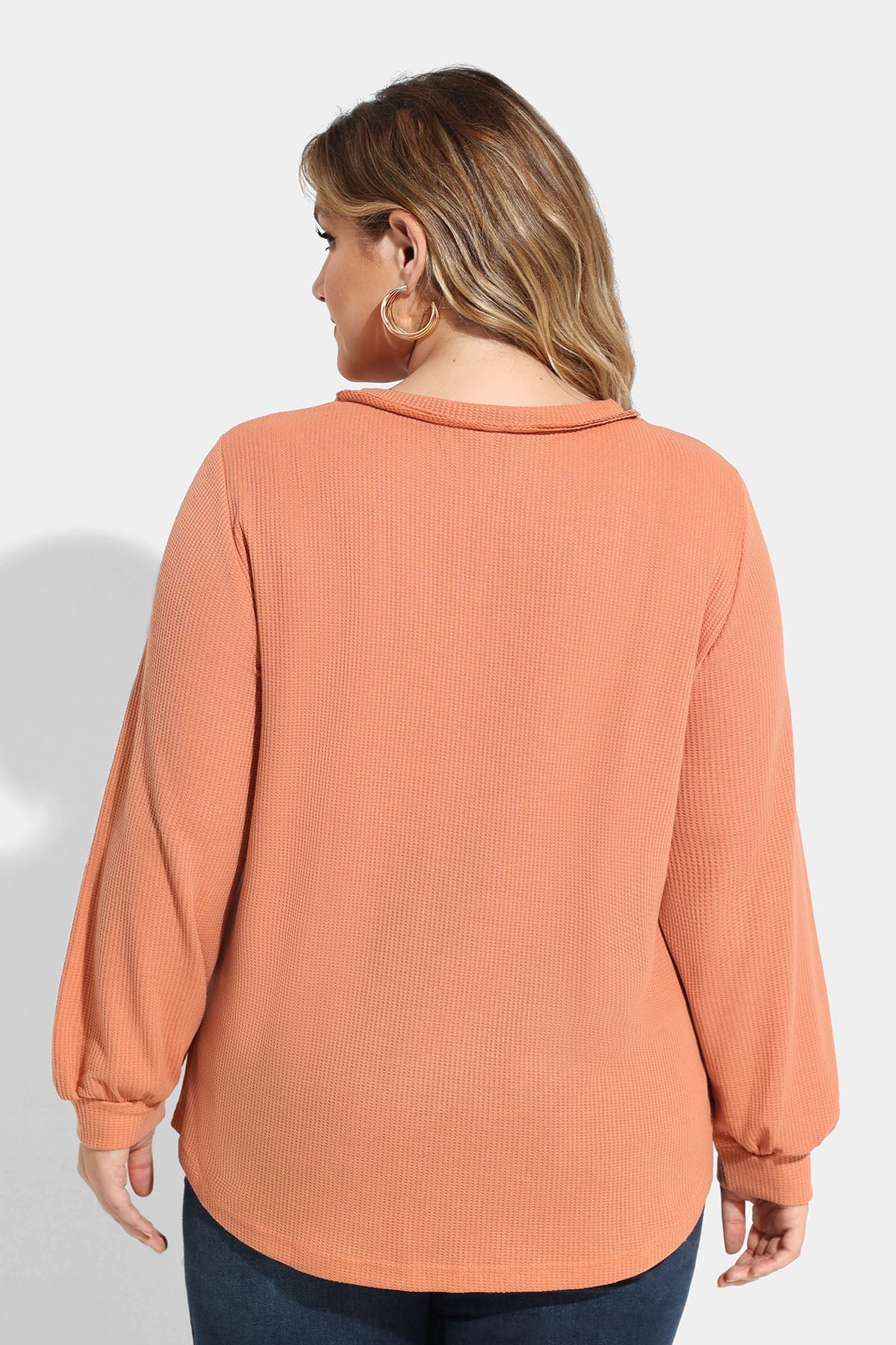 Solid Button Detail V Neck Long Sleeve T-Shirt