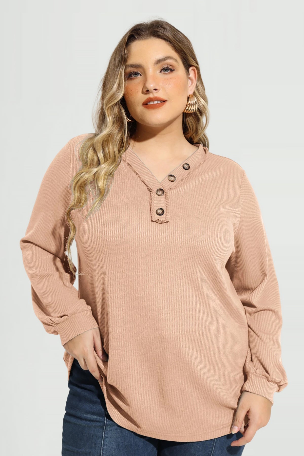 Solid Button Detail V Neck Long Sleeve T-Shirt