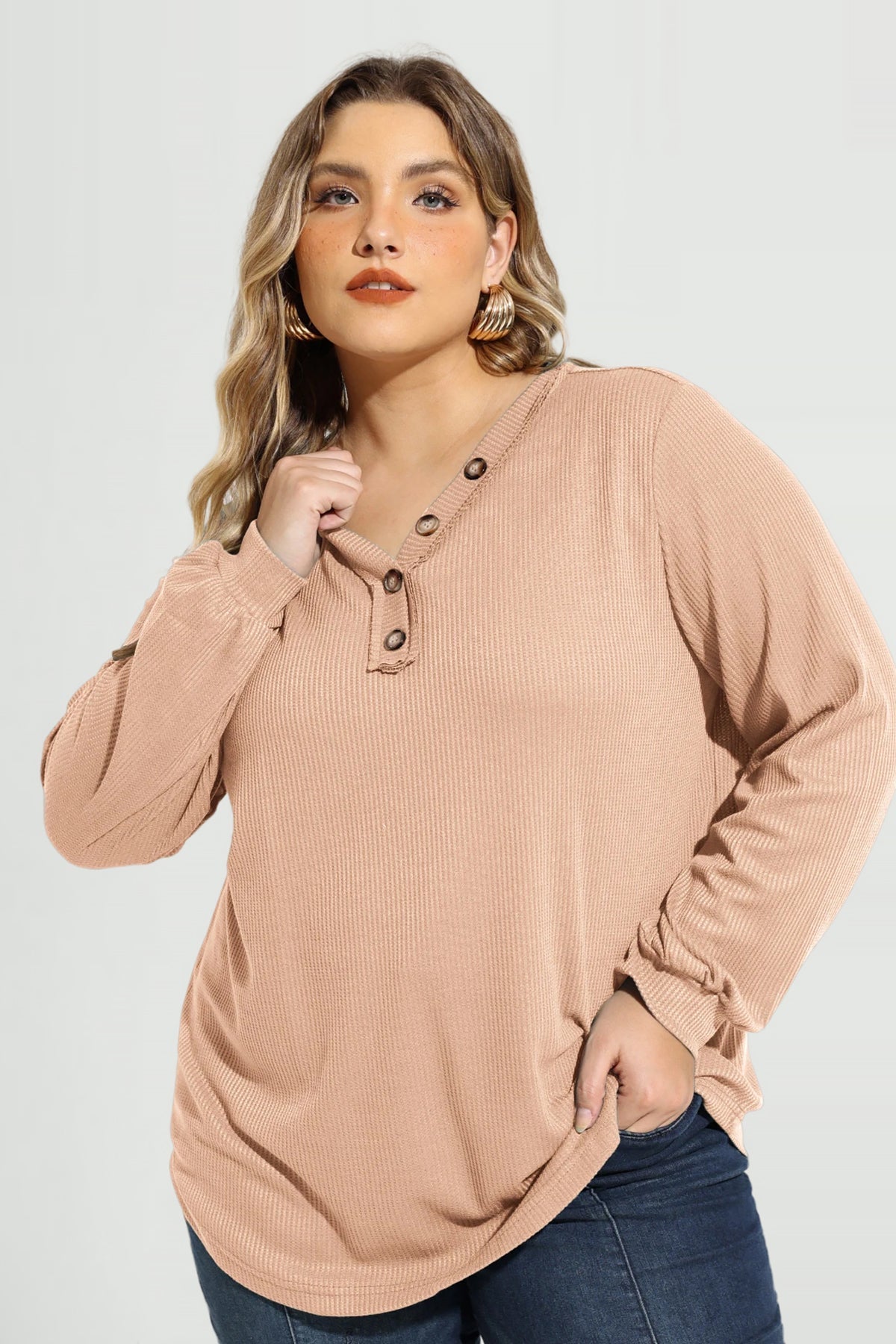 Solid Button Detail V Neck Long Sleeve T-Shirt