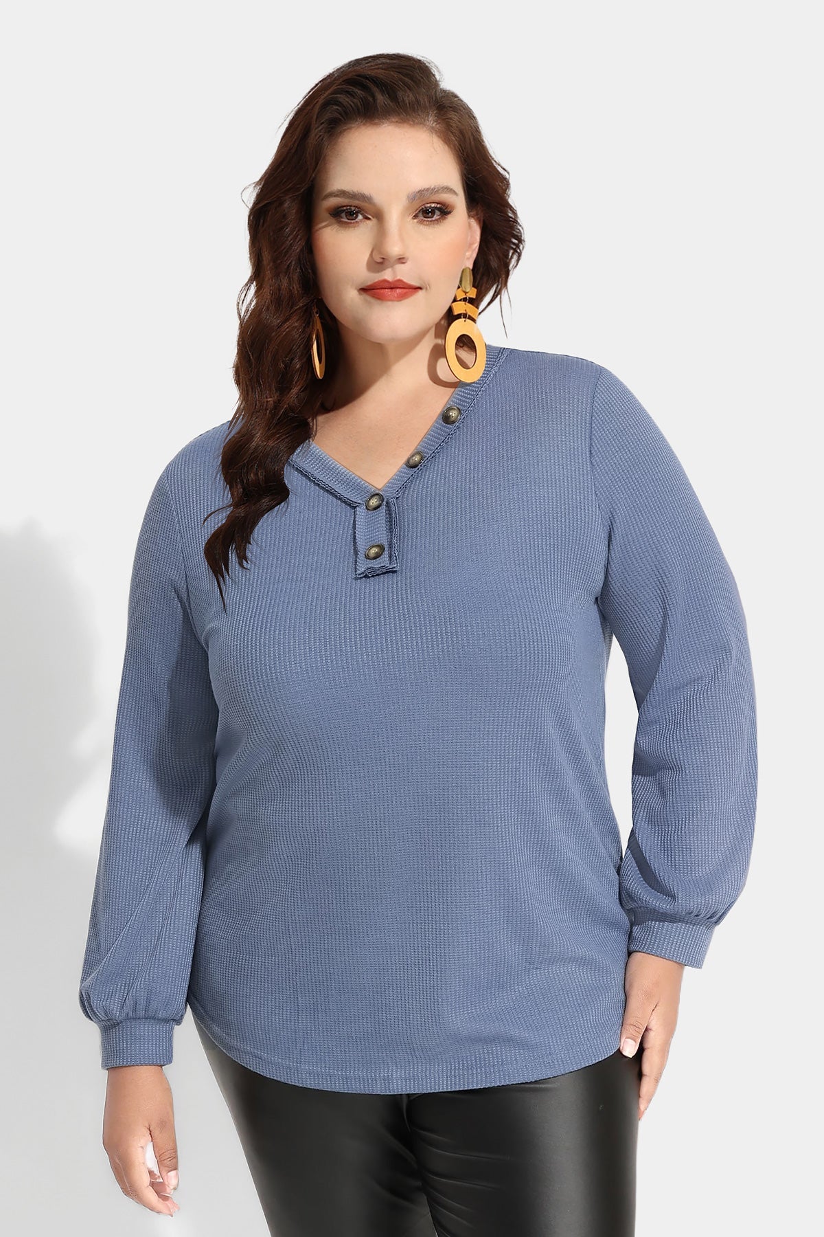 Solid Button Detail V Neck Long Sleeve T-Shirt