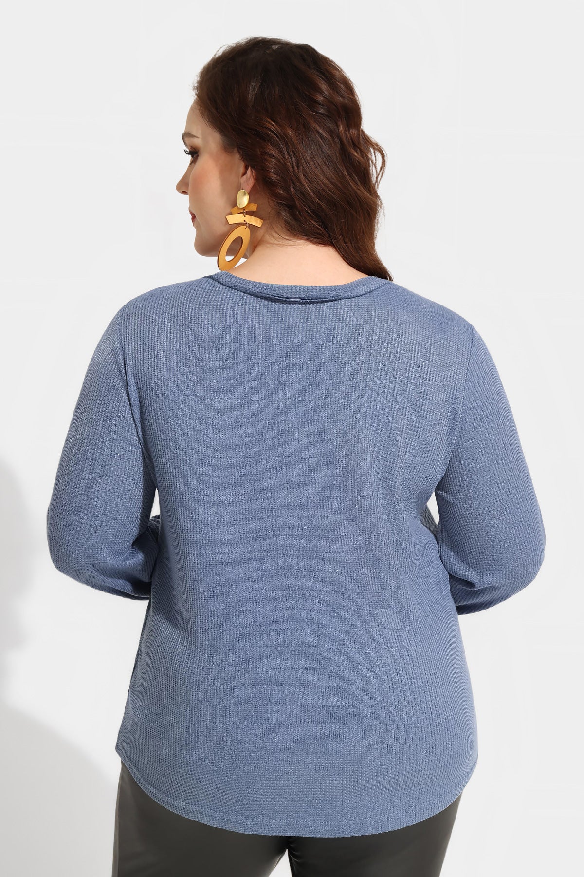 Solid Button Detail V Neck Long Sleeve T-Shirt