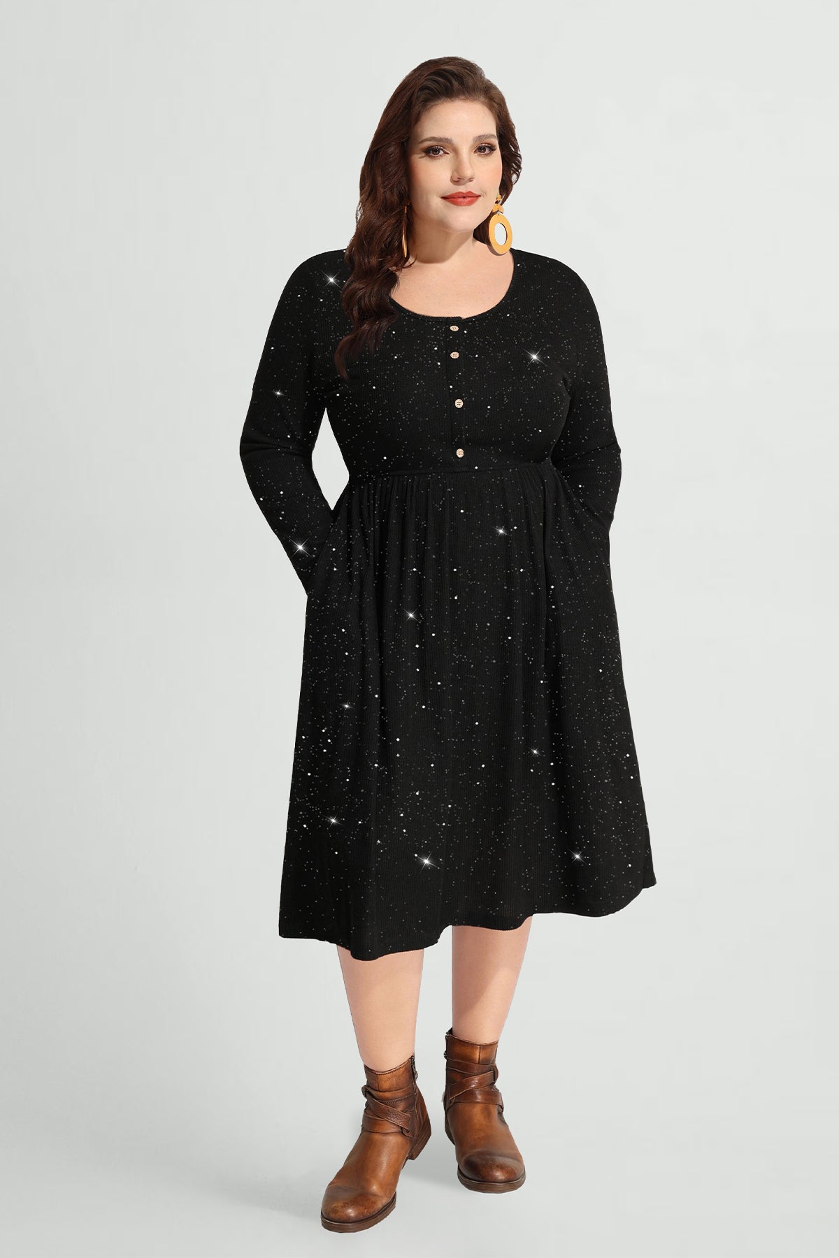 Ritera Pocket Sparkle Glitter Button Detail Midi Dress