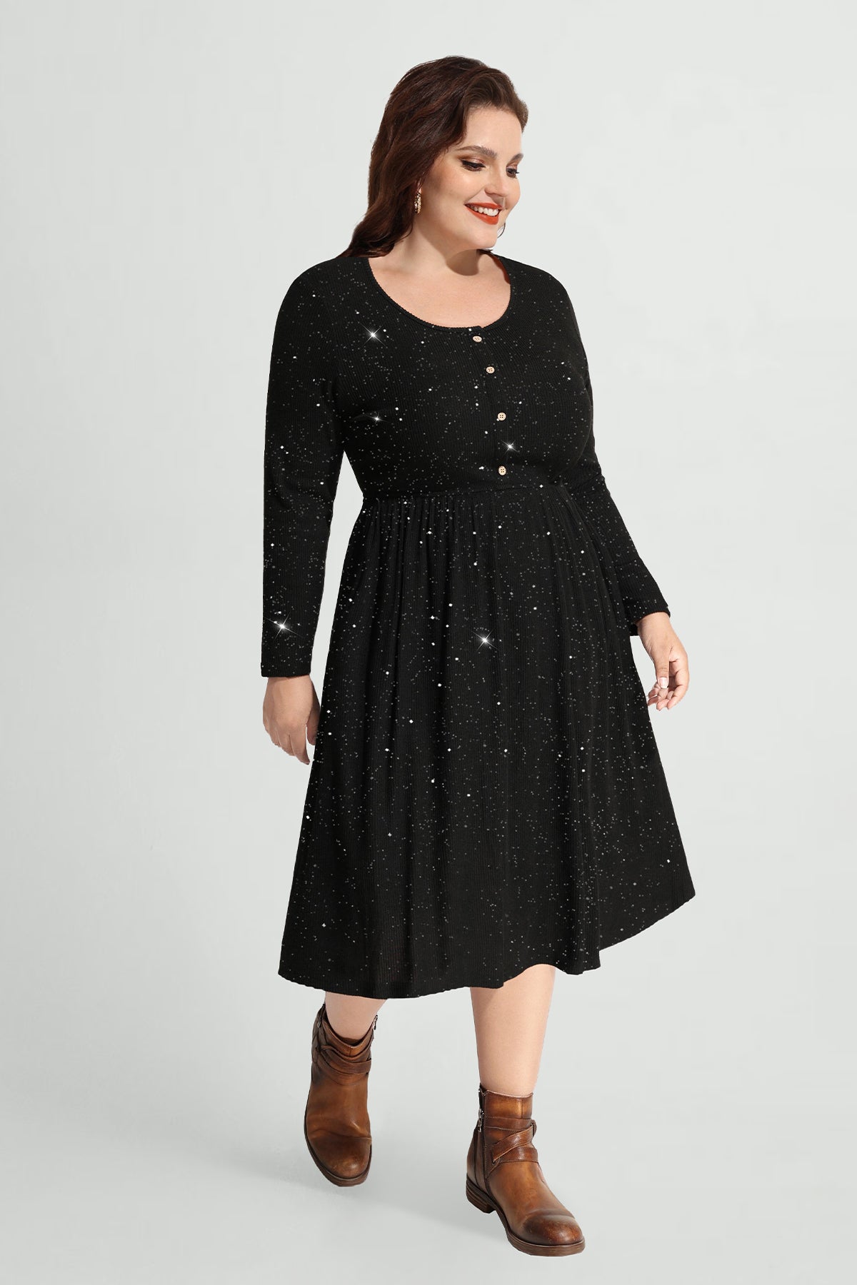 Ritera Pocket Sparkle Glitter Button Detail Midi Dress