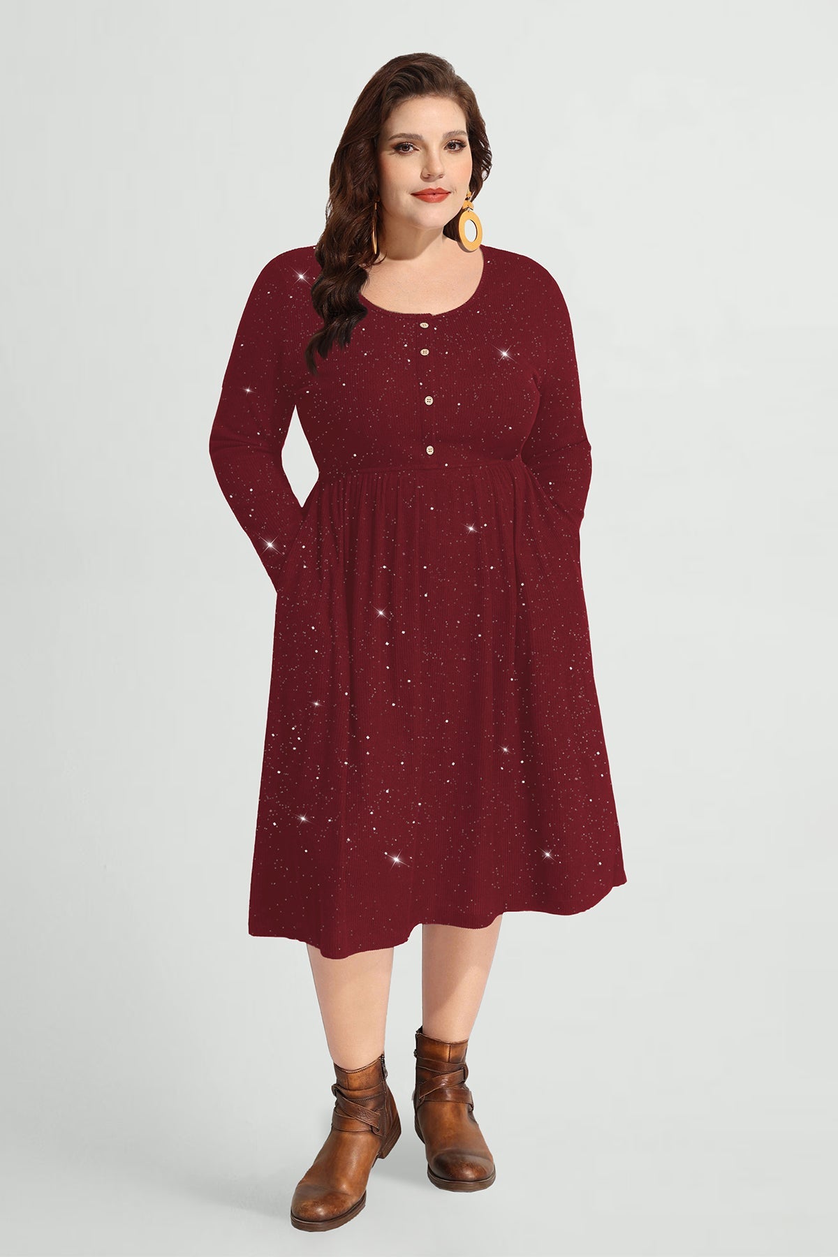 Ritera Pocket Sparkle Glitter Button Detail Midi Dress