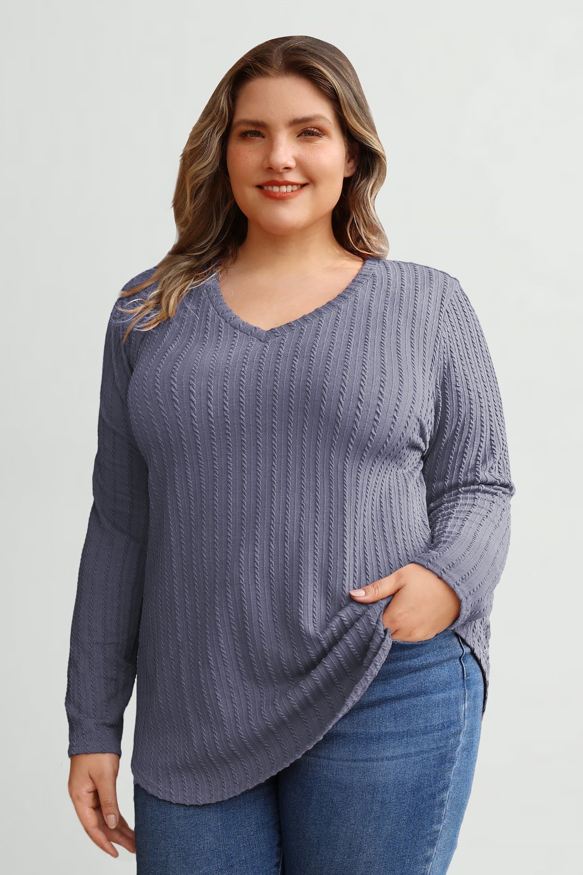 Plain Texture V Neck Knitted Basic T-Shirt