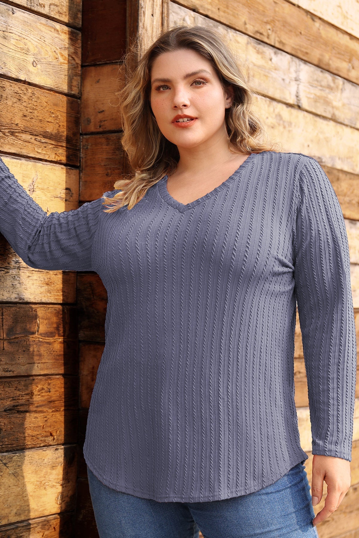 Plain Texture V Neck Knitted Basic T-Shirt