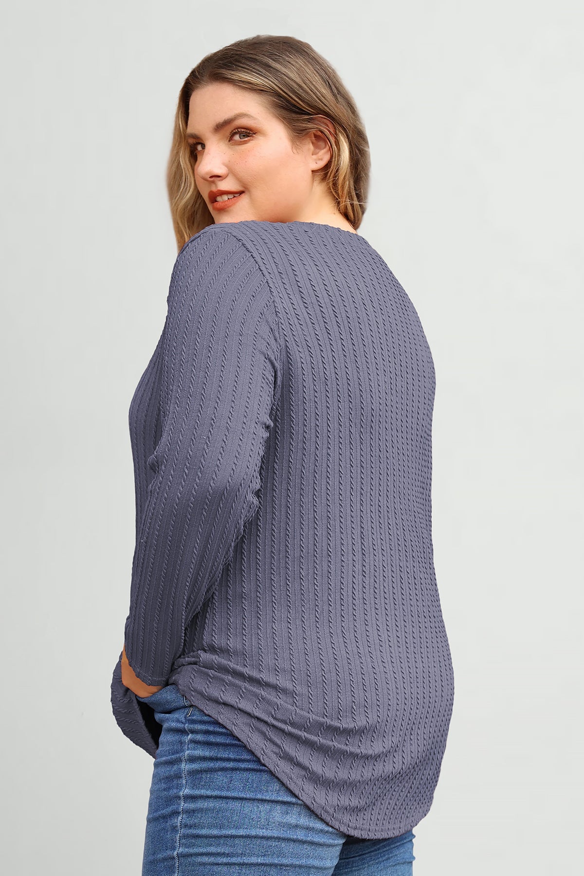 Plain Texture V Neck Knitted Basic T-Shirt