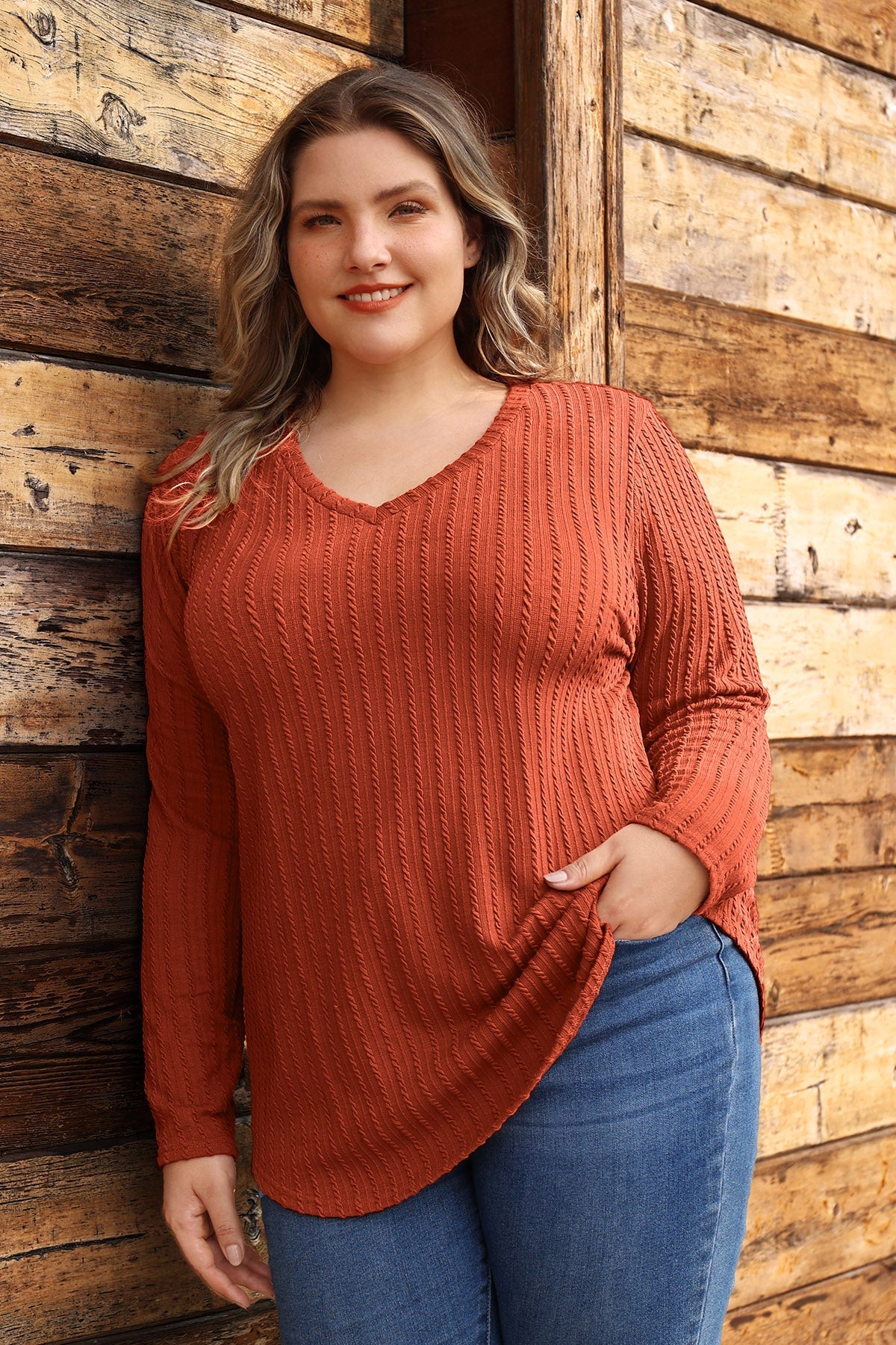 Plain Texture V Neck Knitted Basic T-Shirt