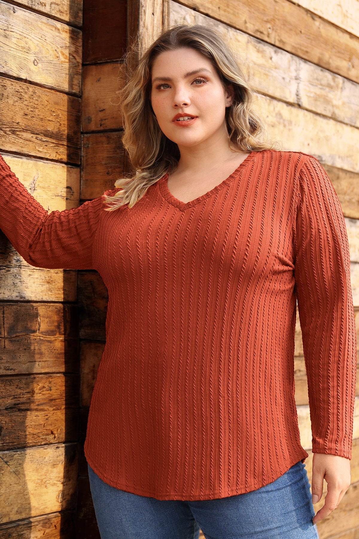 Plain Texture V Neck Knitted Basic T-Shirt