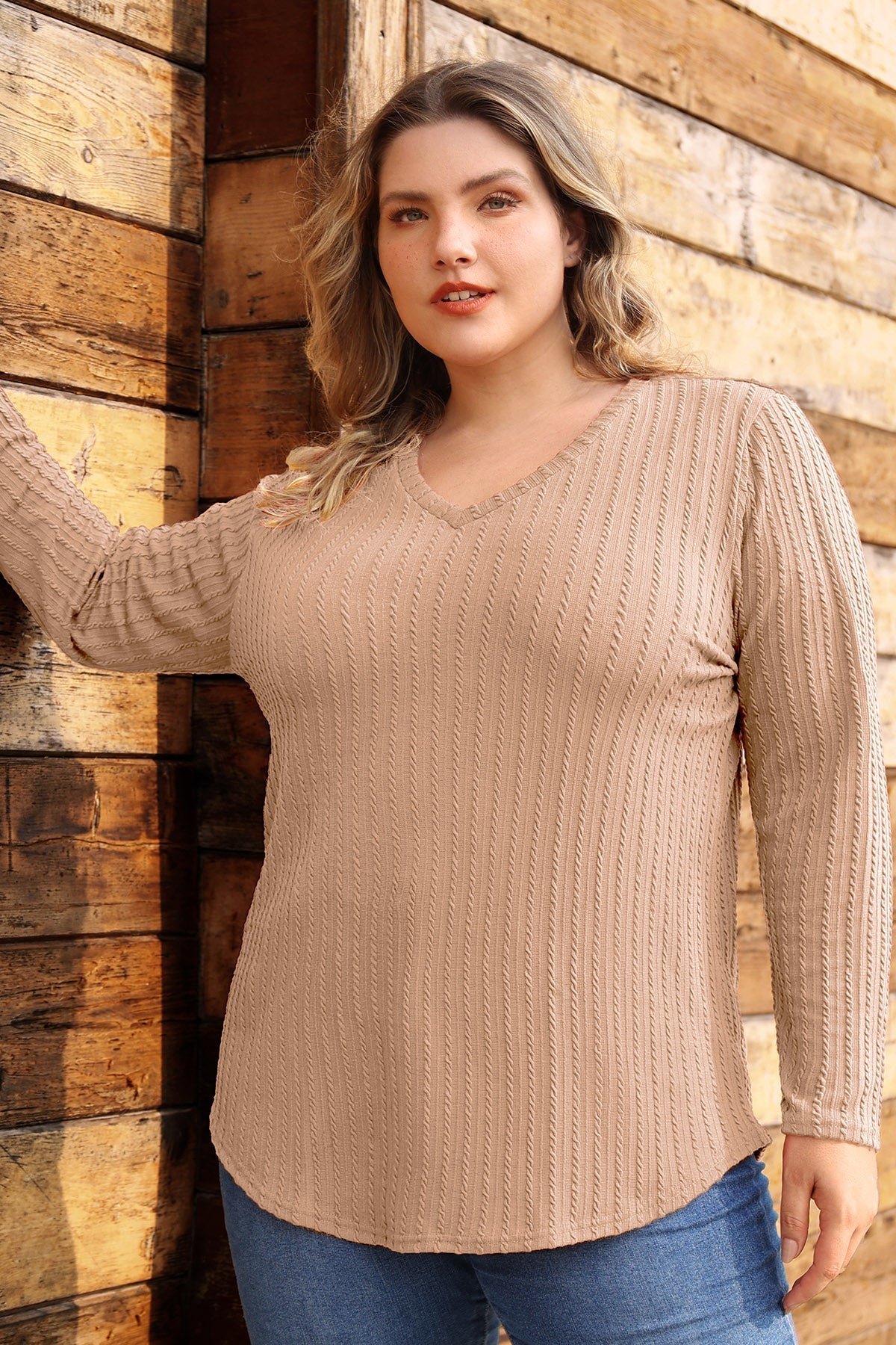 Plain Texture V Neck Knitted Basic T-Shirt