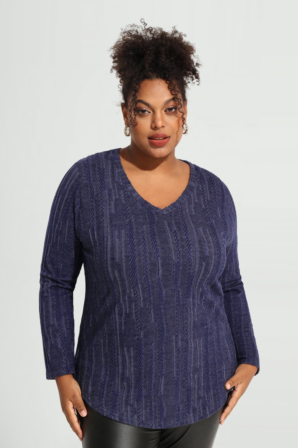 Solid Texture V Neck Knit Long Sleeve T-Shirt