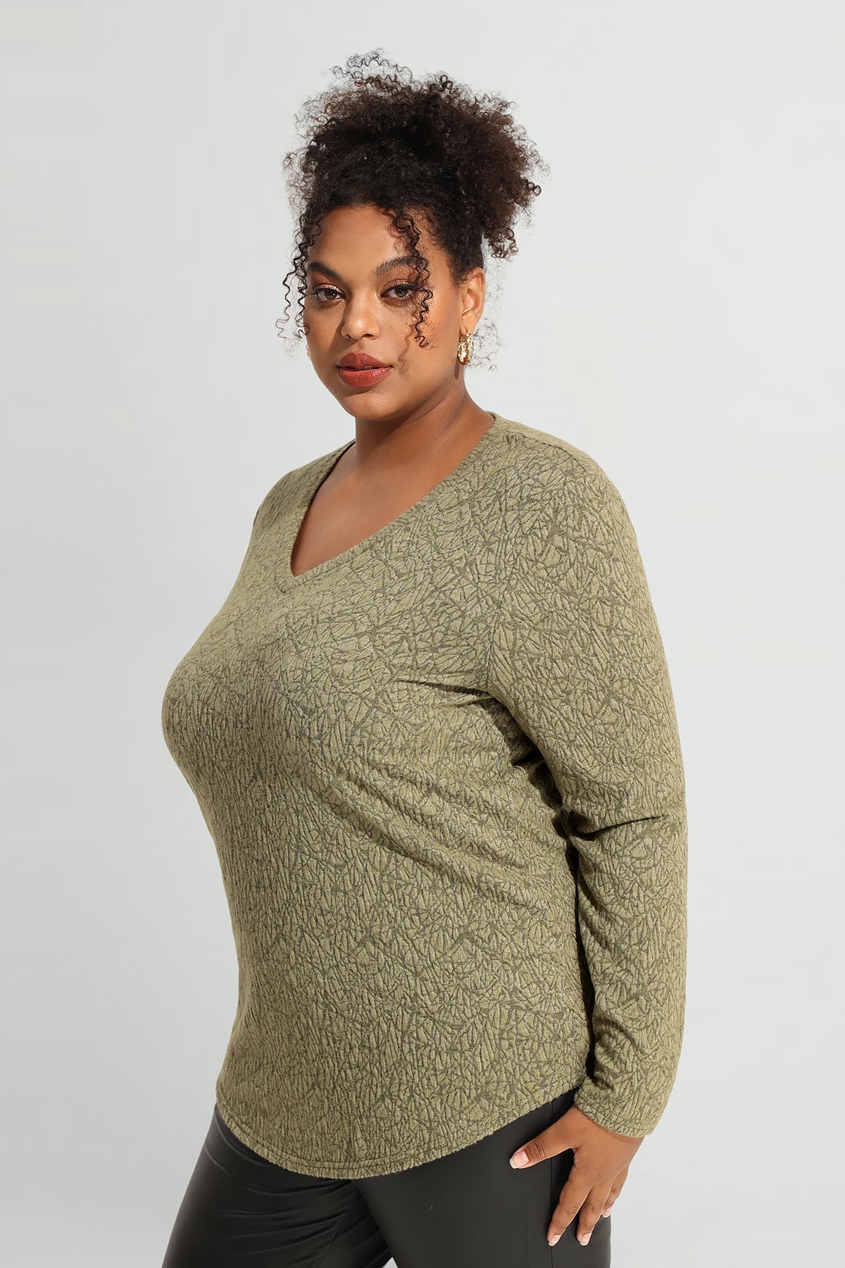 Solid Texture V Neck Knit Long Sleeve T-Shirt