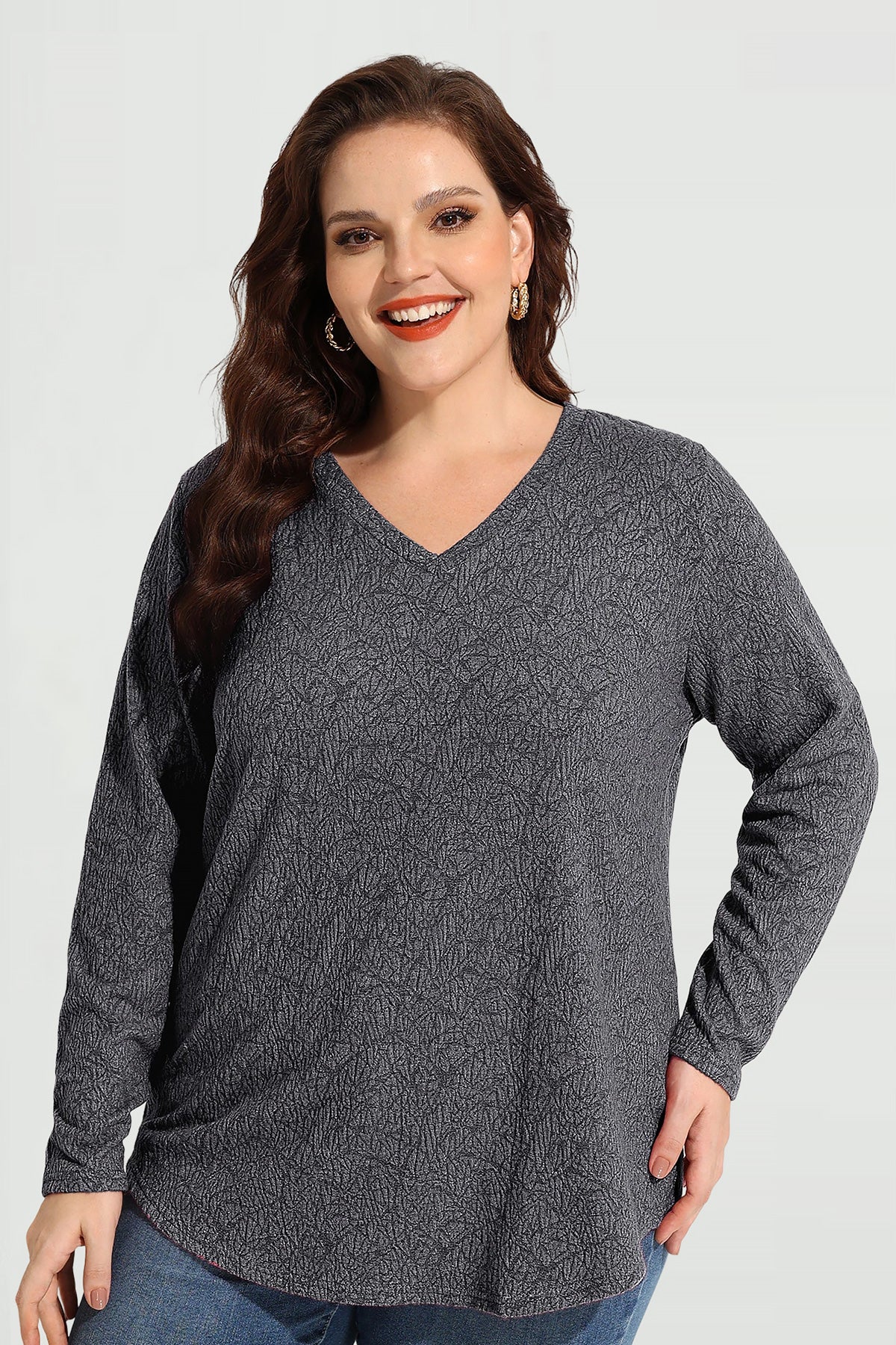 Solid Texture V Neck Knit Long Sleeve T-Shirt