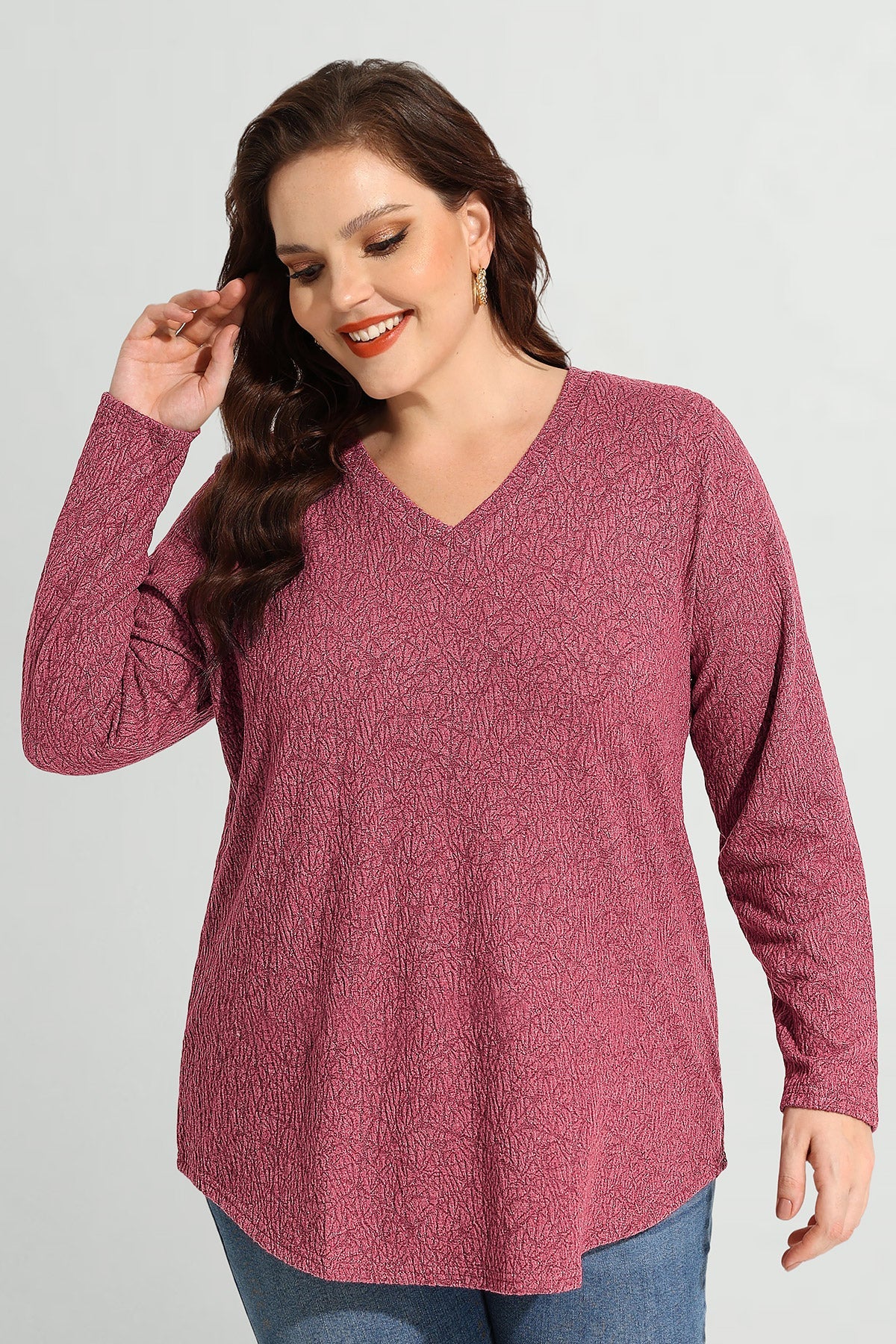 Solid Texture V Neck Knit Long Sleeve T-Shirt