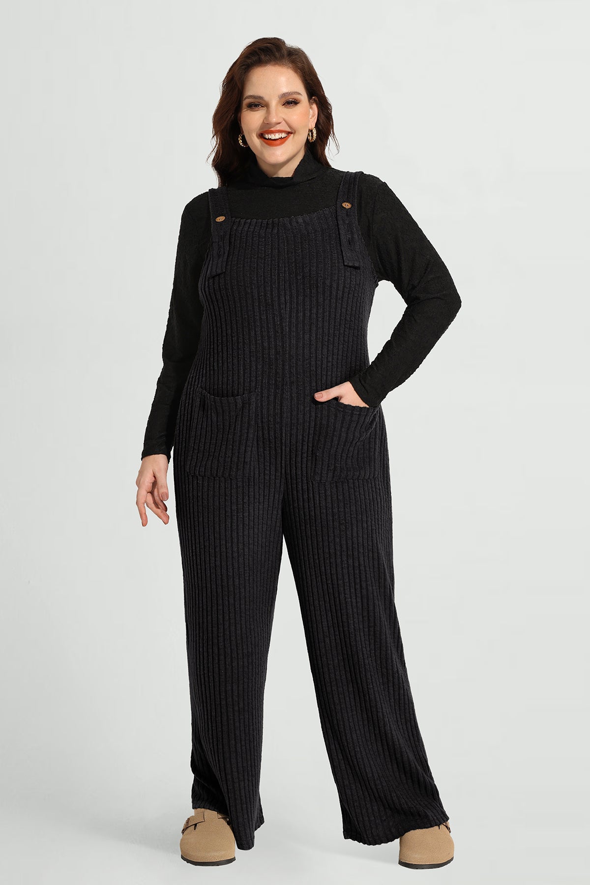 Solid Adjustable Straps Wide Leg Pocket Knit Jumpsuit