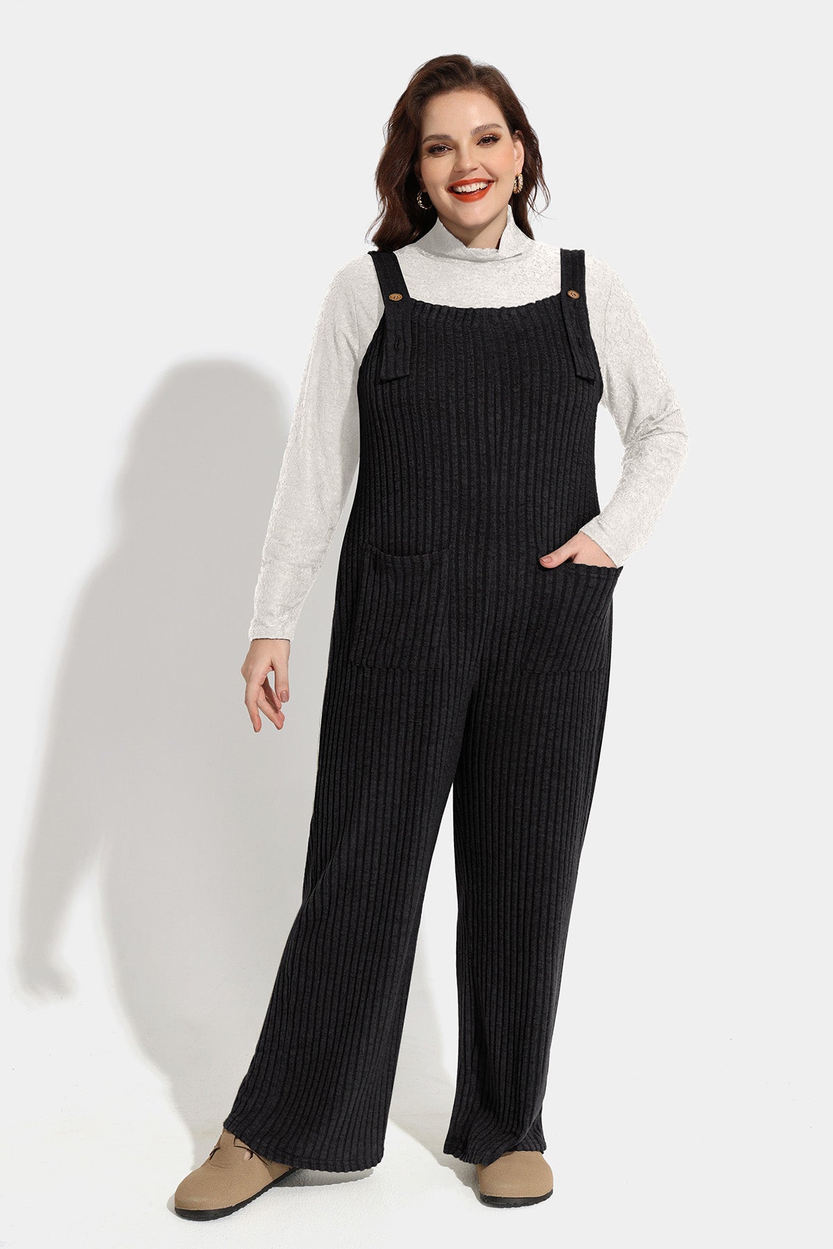 Solid Knit Wide Leg Jumpsuit with Adjustable Straps and Pockets