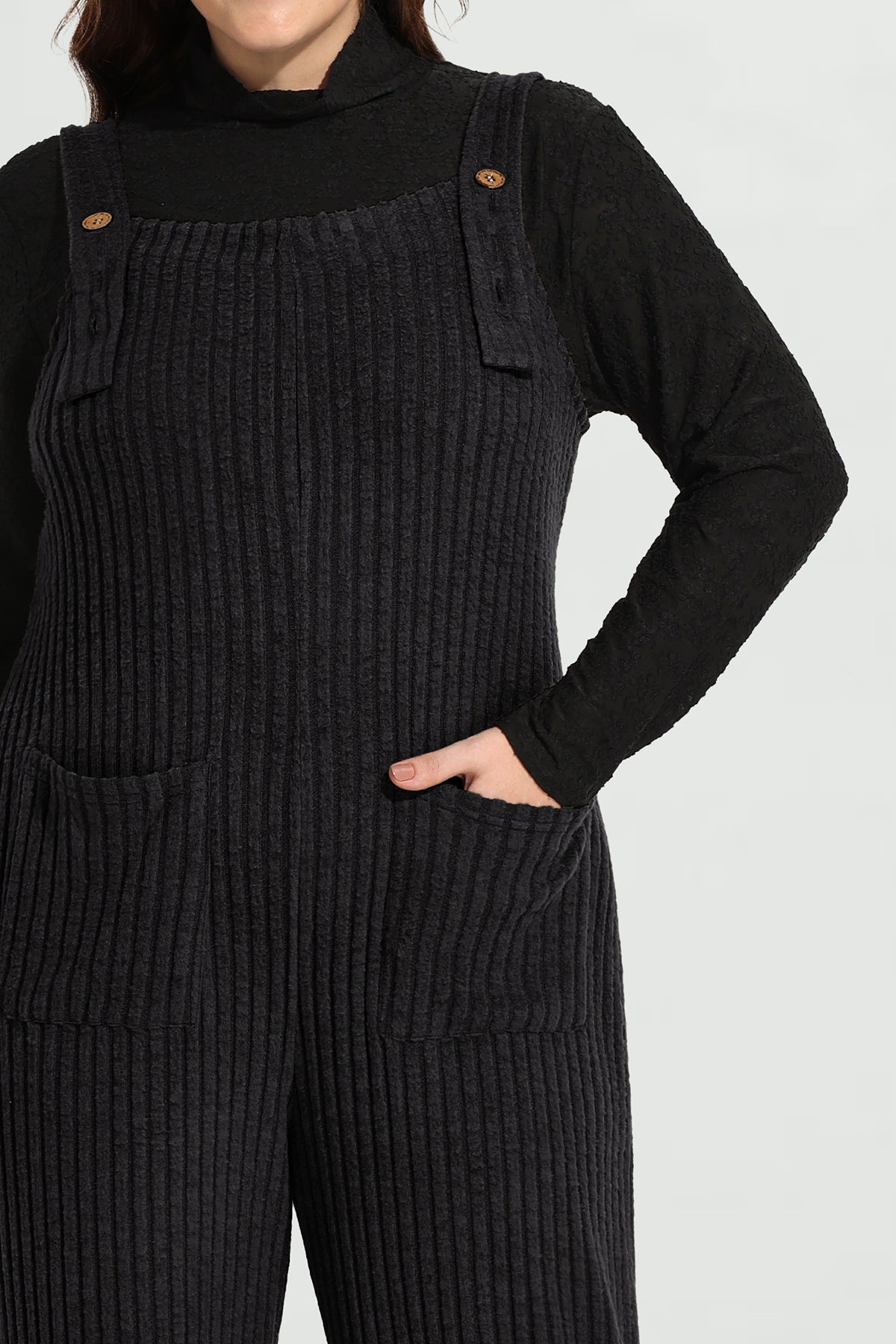 Solid Knit Wide Leg Jumpsuit with Adjustable Straps and Pockets