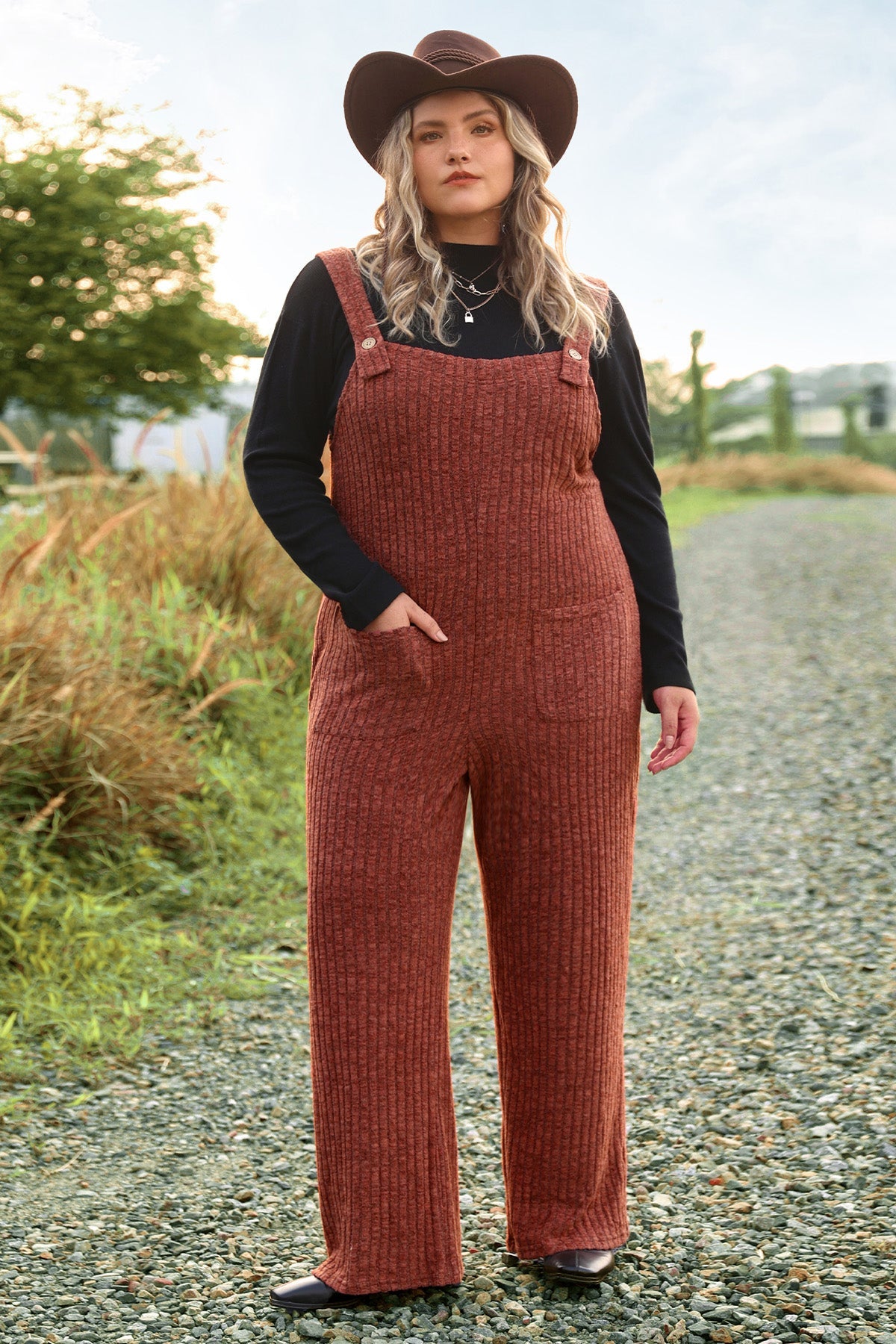 Solid Knit Wide Leg Jumpsuit with Adjustable Straps and Pockets