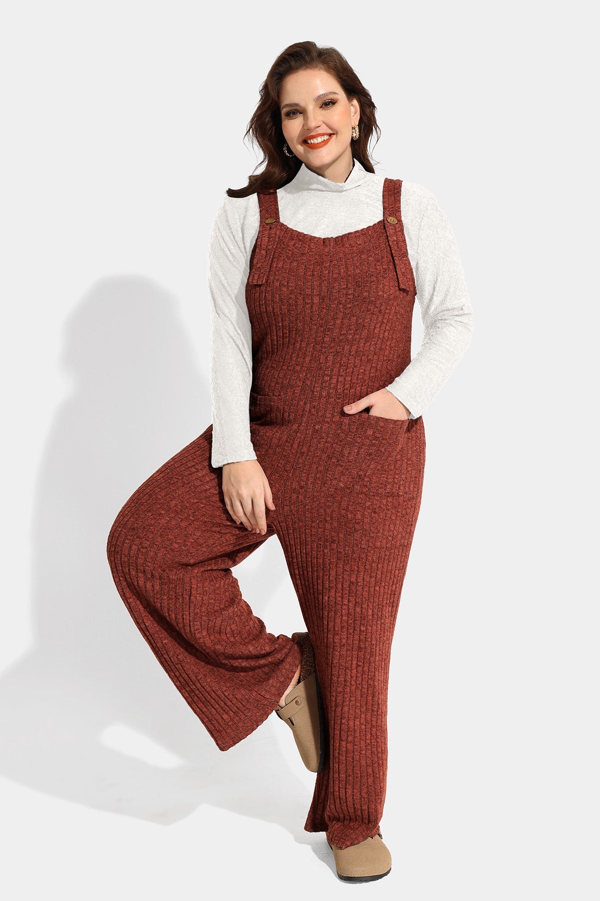 Solid Knit Wide Leg Jumpsuit with Adjustable Straps and Pockets