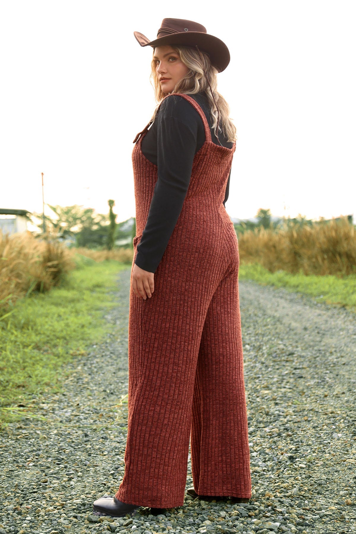 Solid Knit Wide Leg Jumpsuit with Adjustable Straps and Pockets