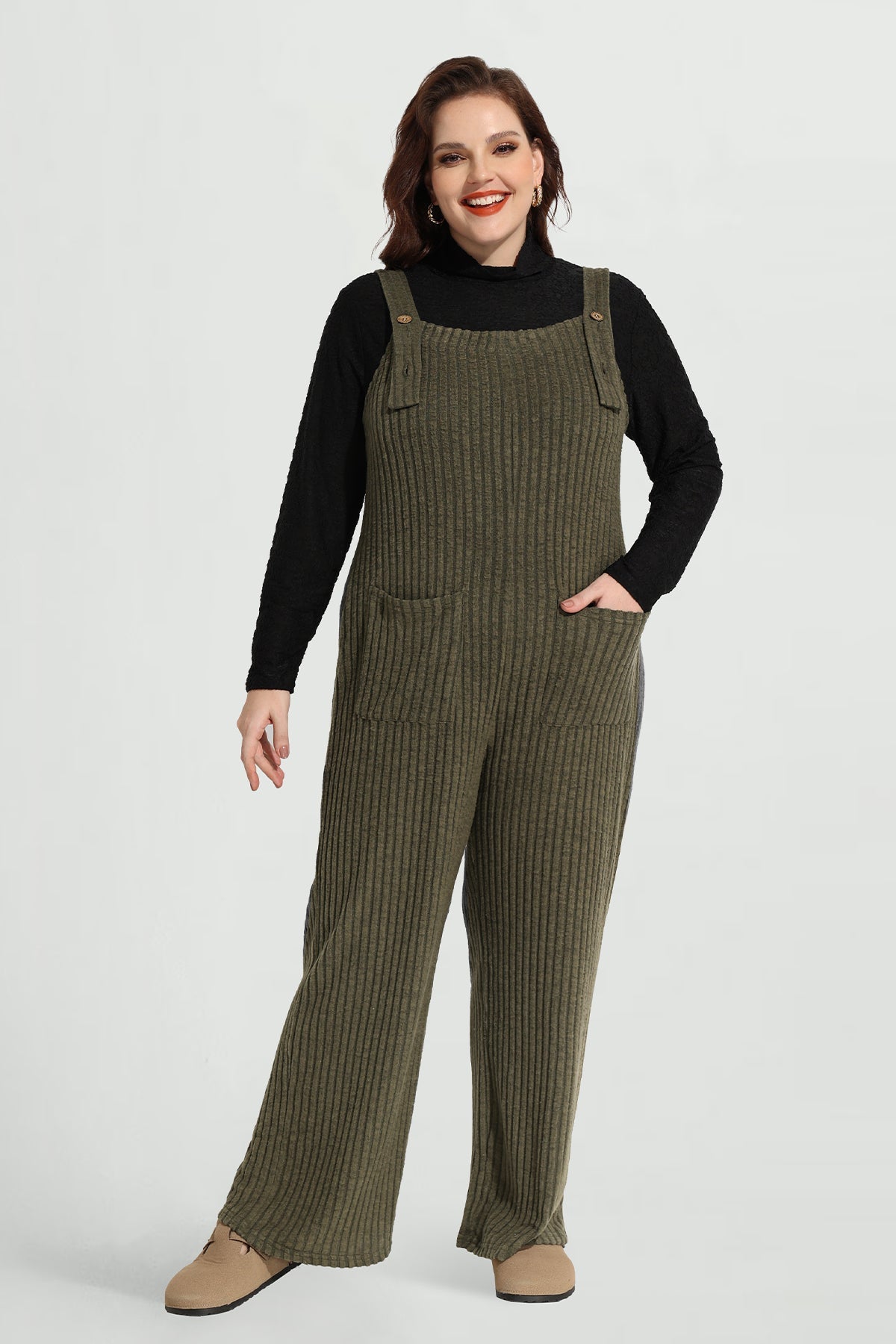 Solid Adjustable Straps Wide Leg Pocket Knit Jumpsuit