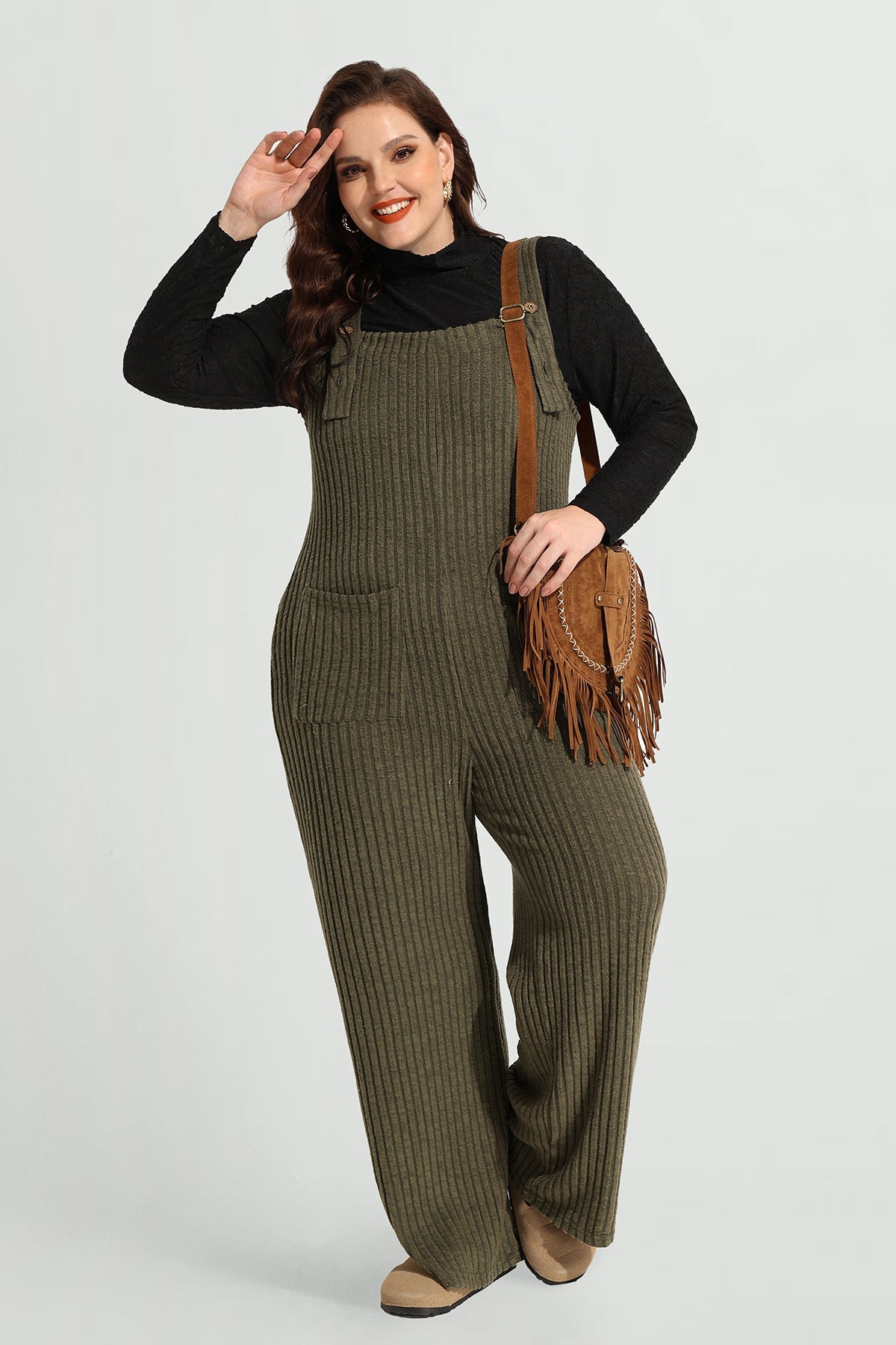 Solid Knit Wide Leg Jumpsuit with Adjustable Straps and Pockets