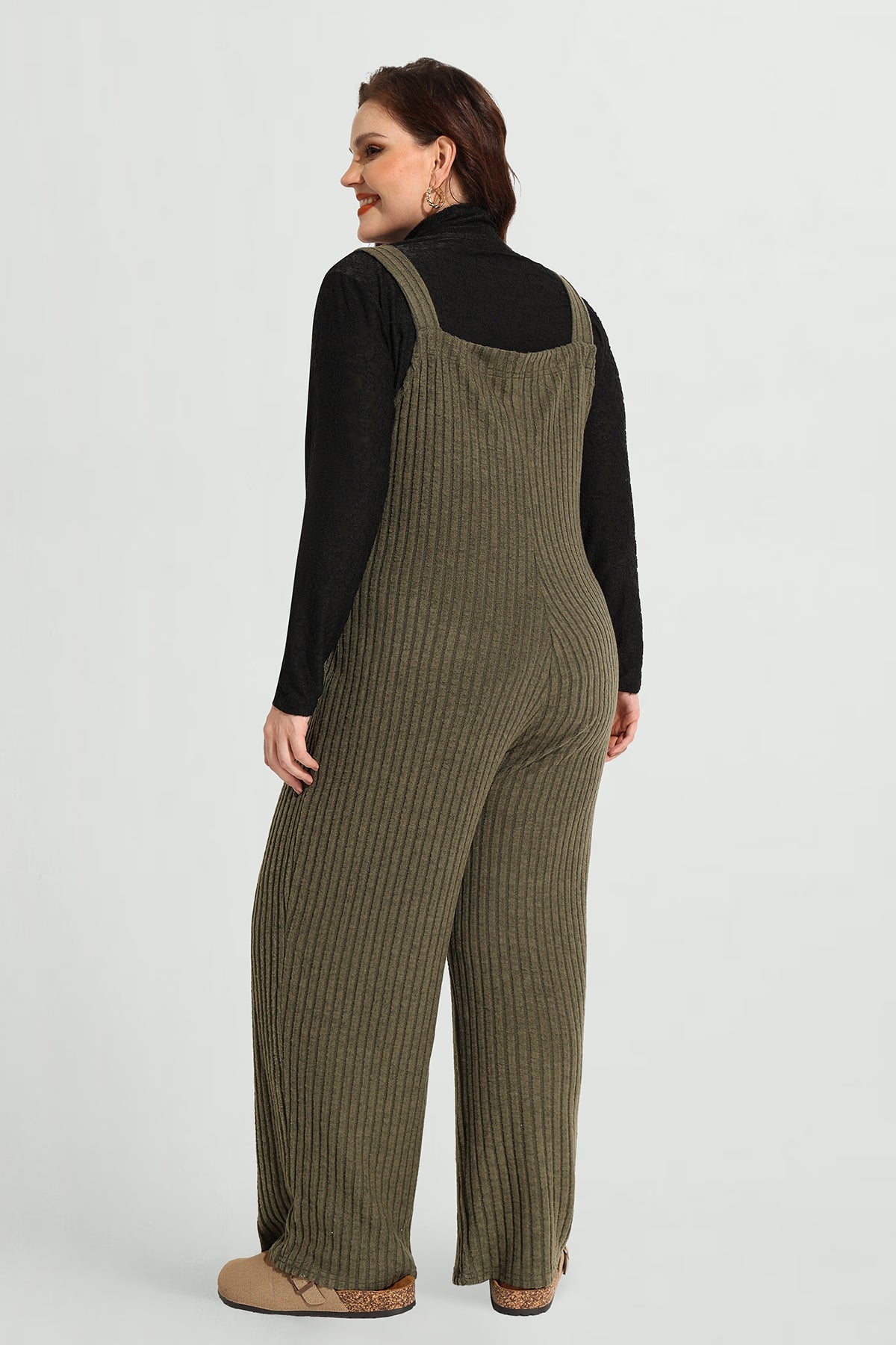 Solid Knit Wide Leg Jumpsuit with Adjustable Straps and Pockets