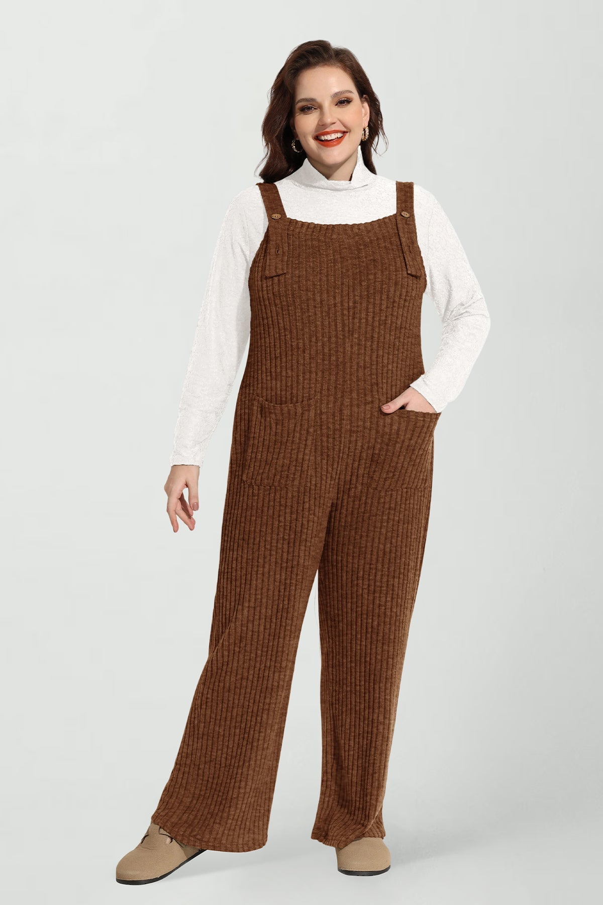 Solid Adjustable Straps Wide Leg Pocket Knit Jumpsuit