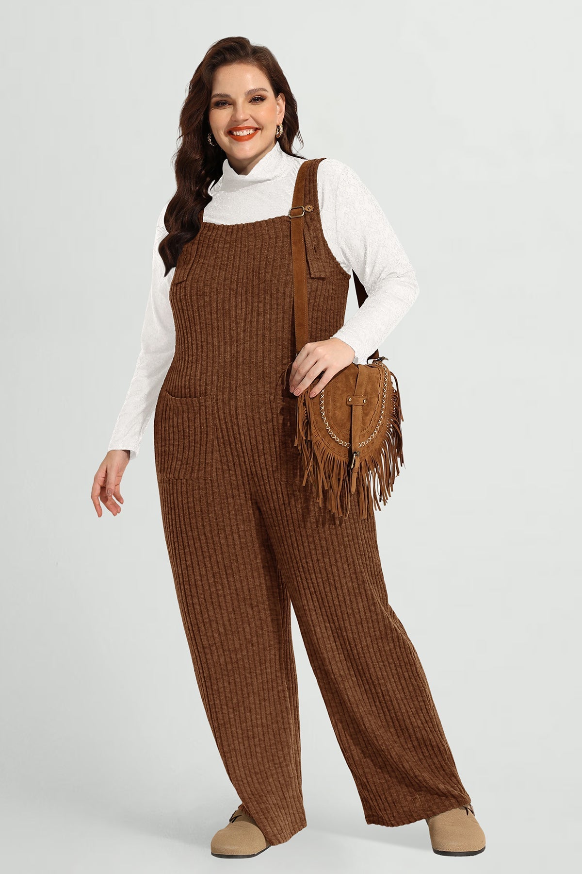 Solid Adjustable Straps Wide Leg Pocket Knit Jumpsuit