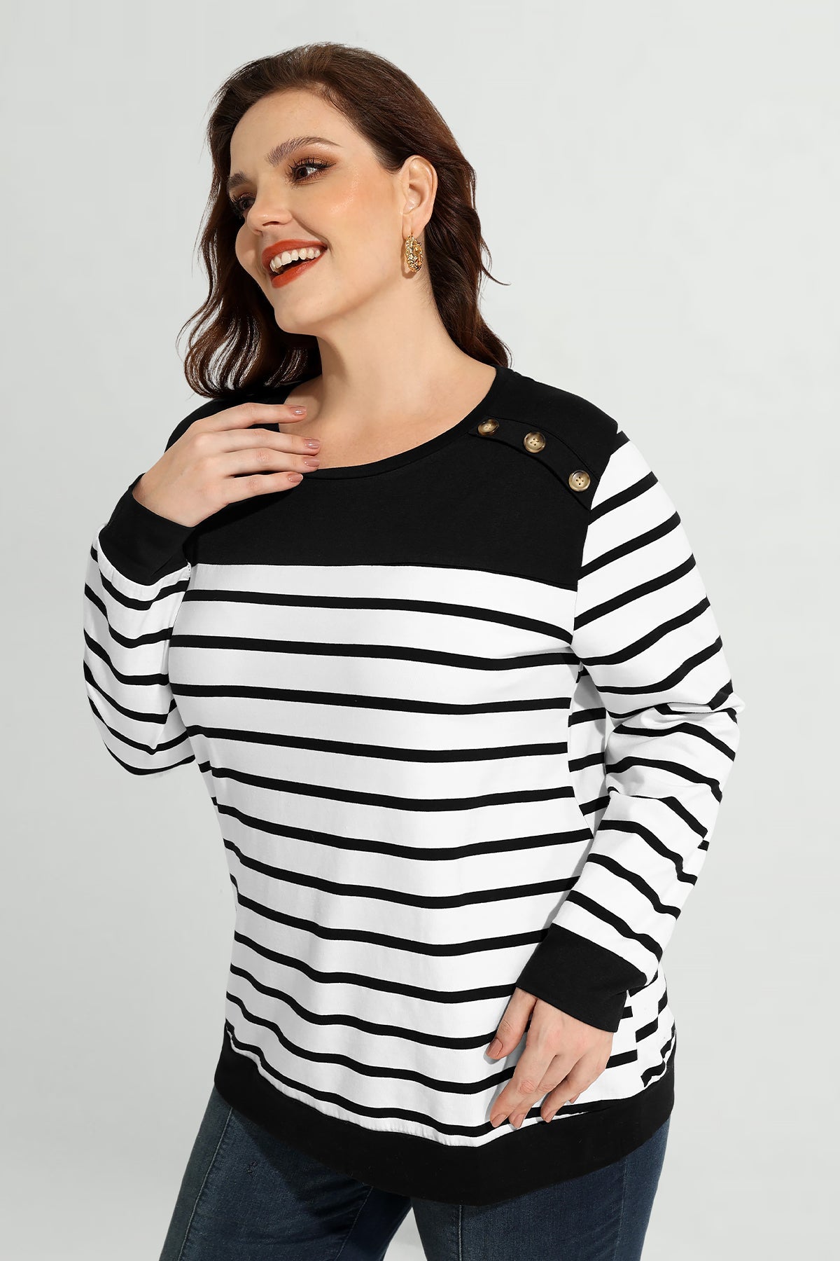 Colorblock Striped Button Detail Sweatshirt