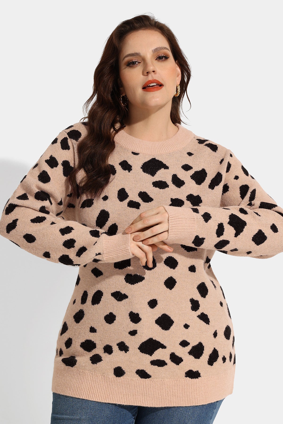 Leopard Print Long Sleeve Crewneck Knit Sweater