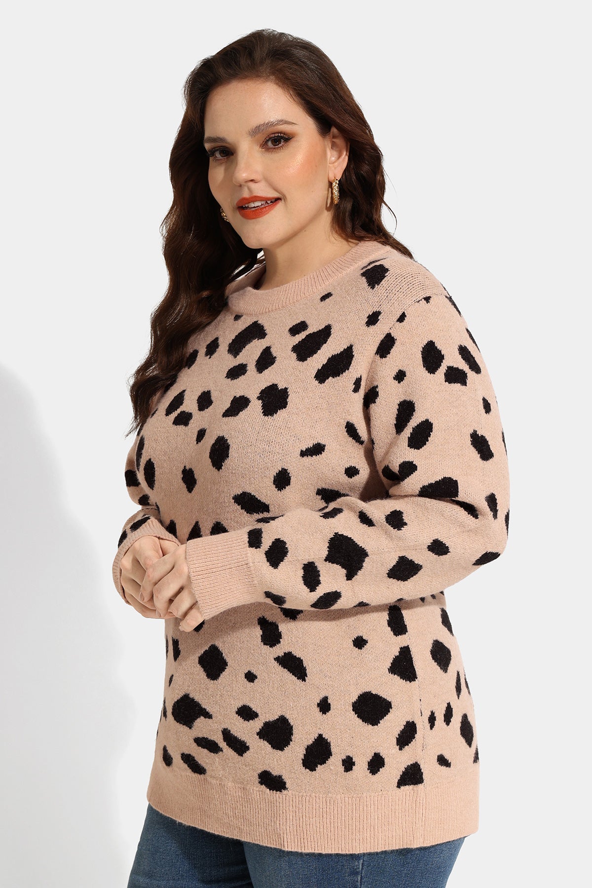 Leopard Print Long Sleeve Crewneck Knit Sweater