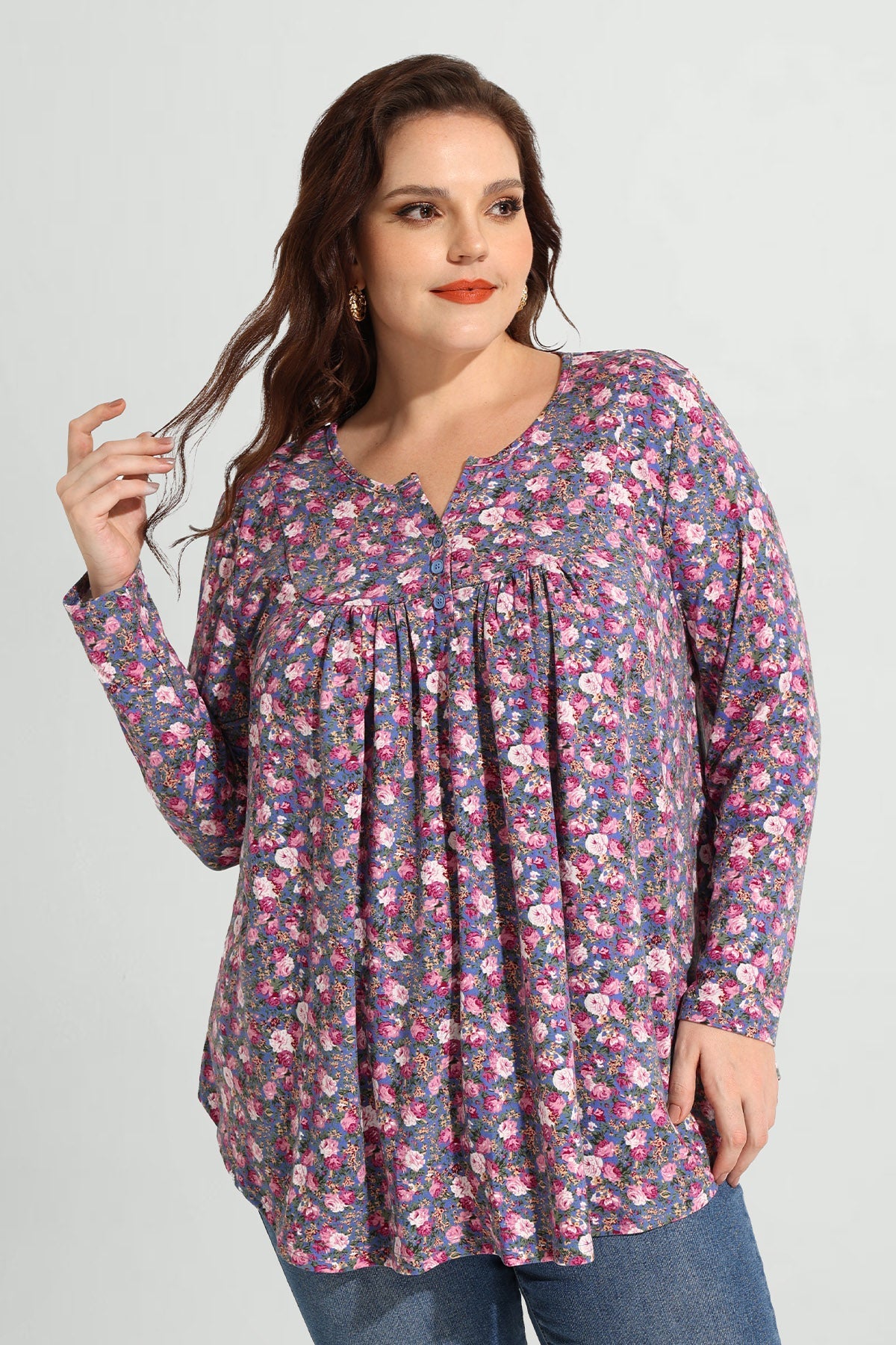 Ritera Allover Floral Sparkle Button Up Notched Neck Blouse