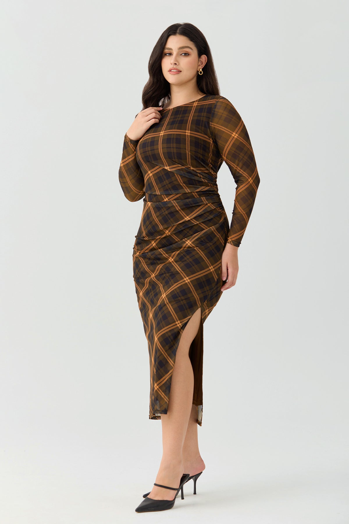 Ritera Plaid Ruched Chic Bodycon Cocktail Midi Dress