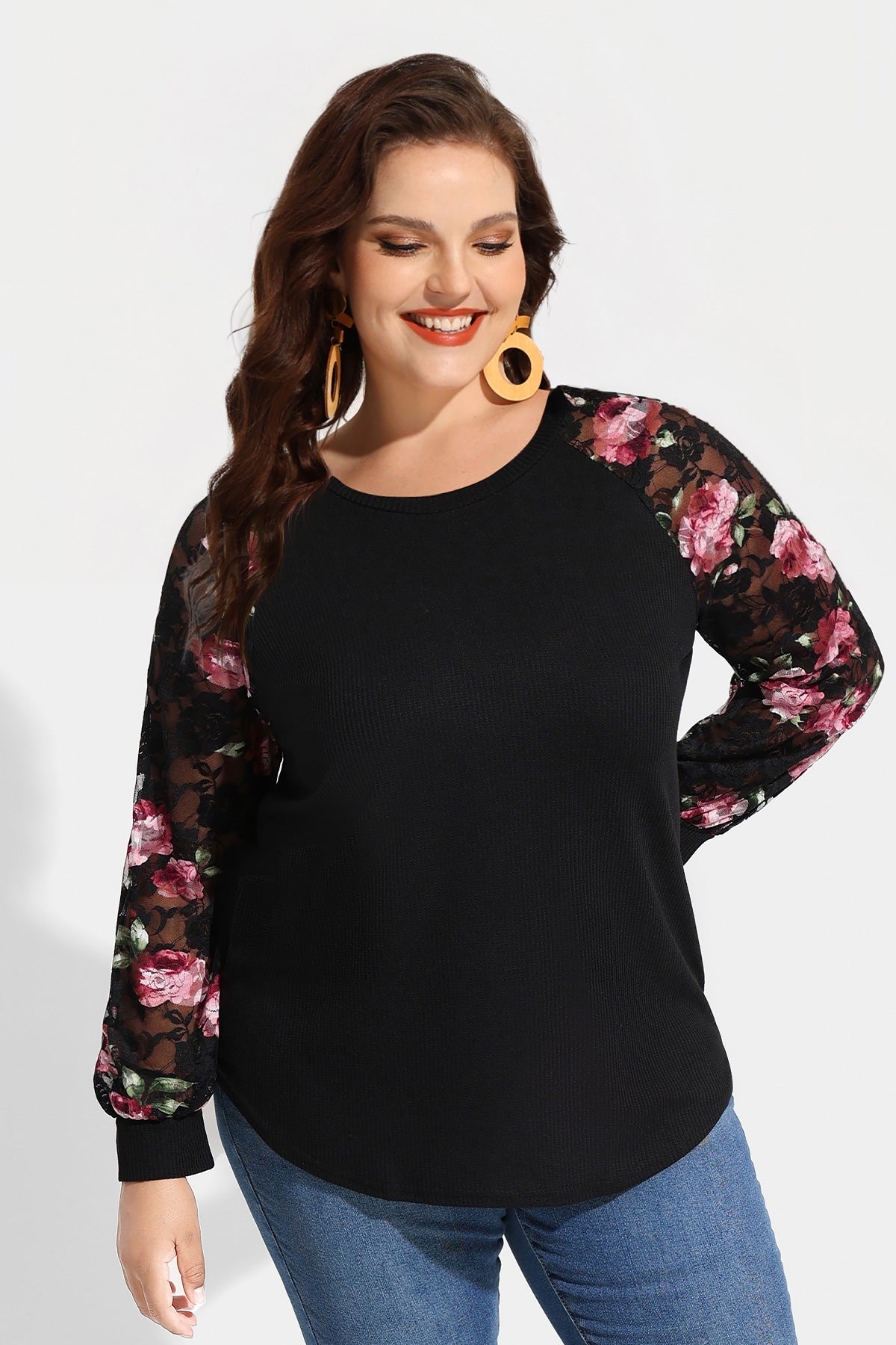 Ritera Raglan Stylish Lace Floral Long Sleeve T-Shirt