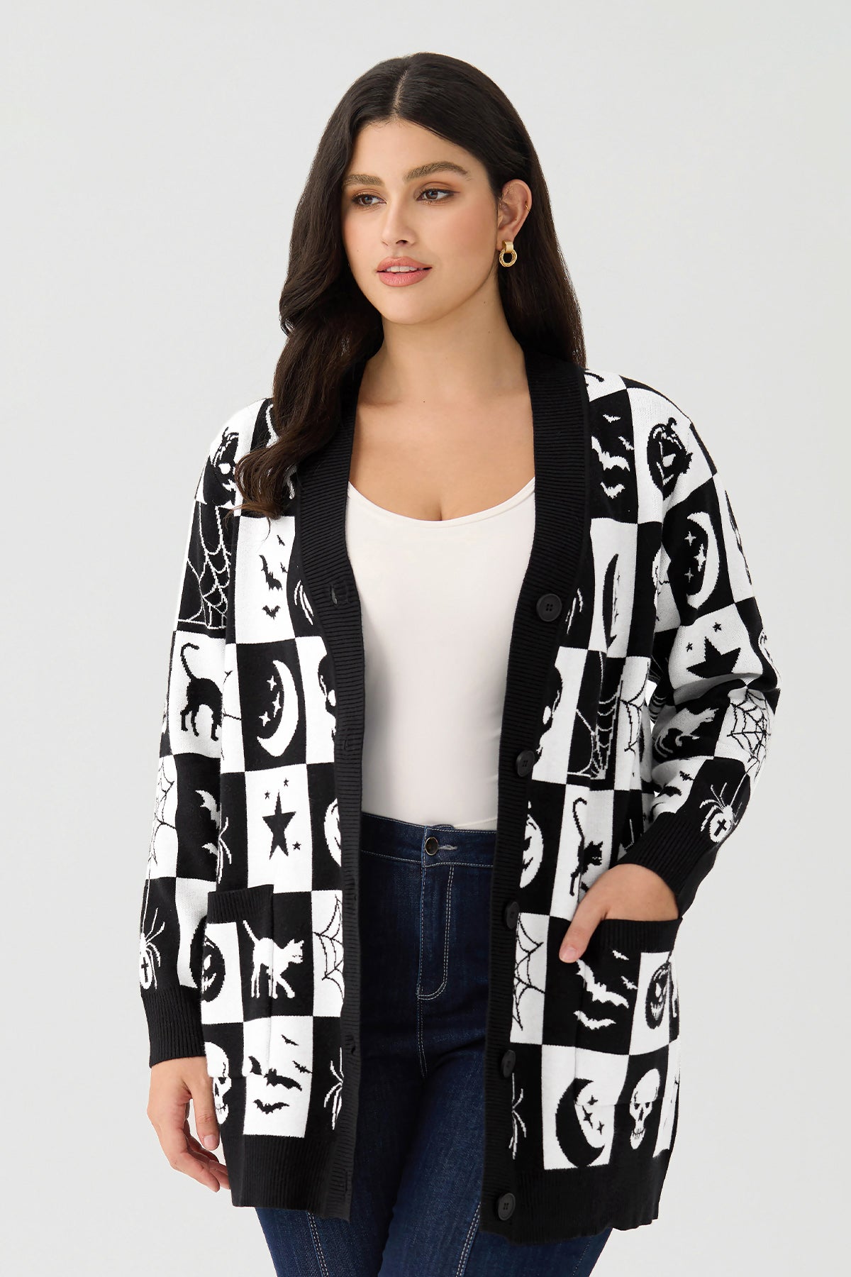 Ritera Pockets Halloween Checkerboard Kint Cardigan