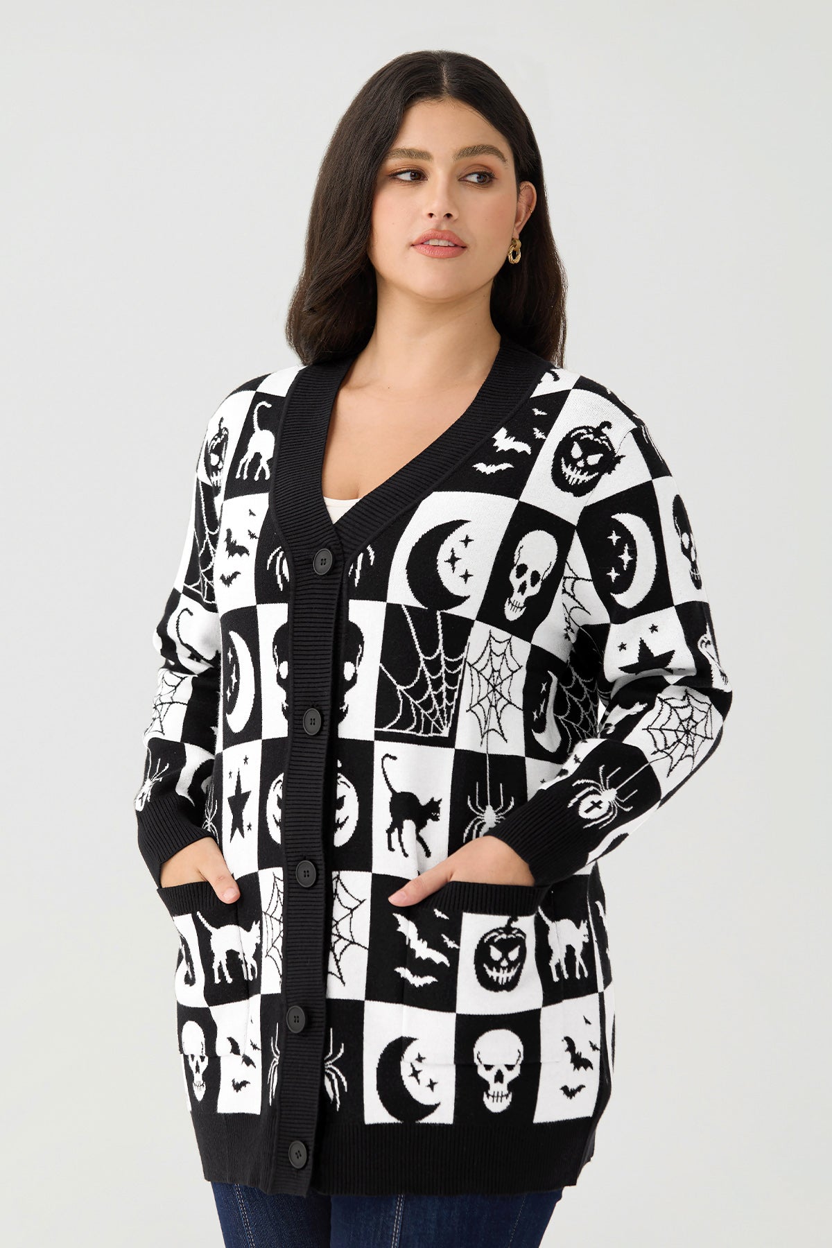 Ritera Pockets Halloween Checkerboard Kint Cardigan